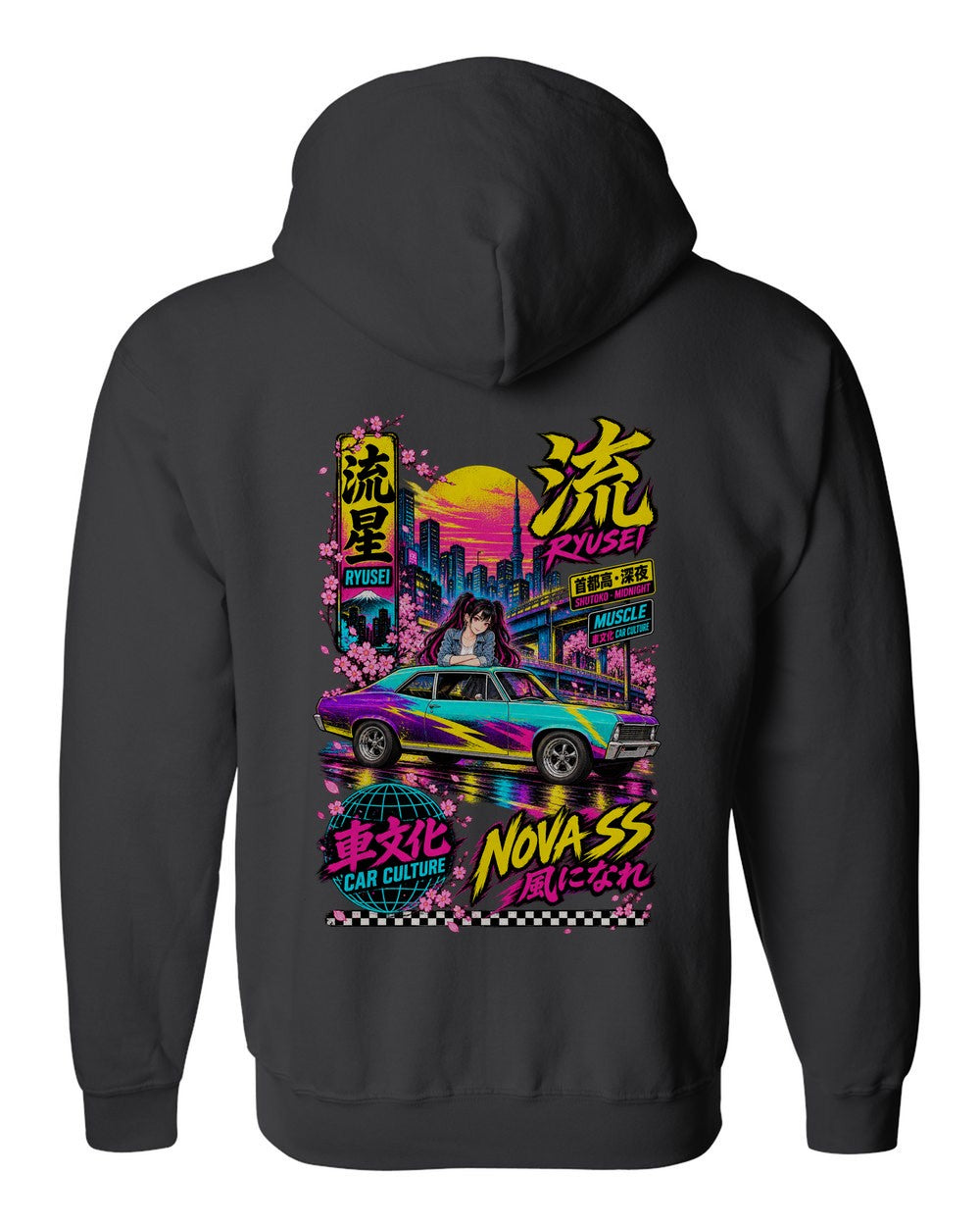 RYUSEI NOVA SS full-back artwork black zip hoodie back view with the design
