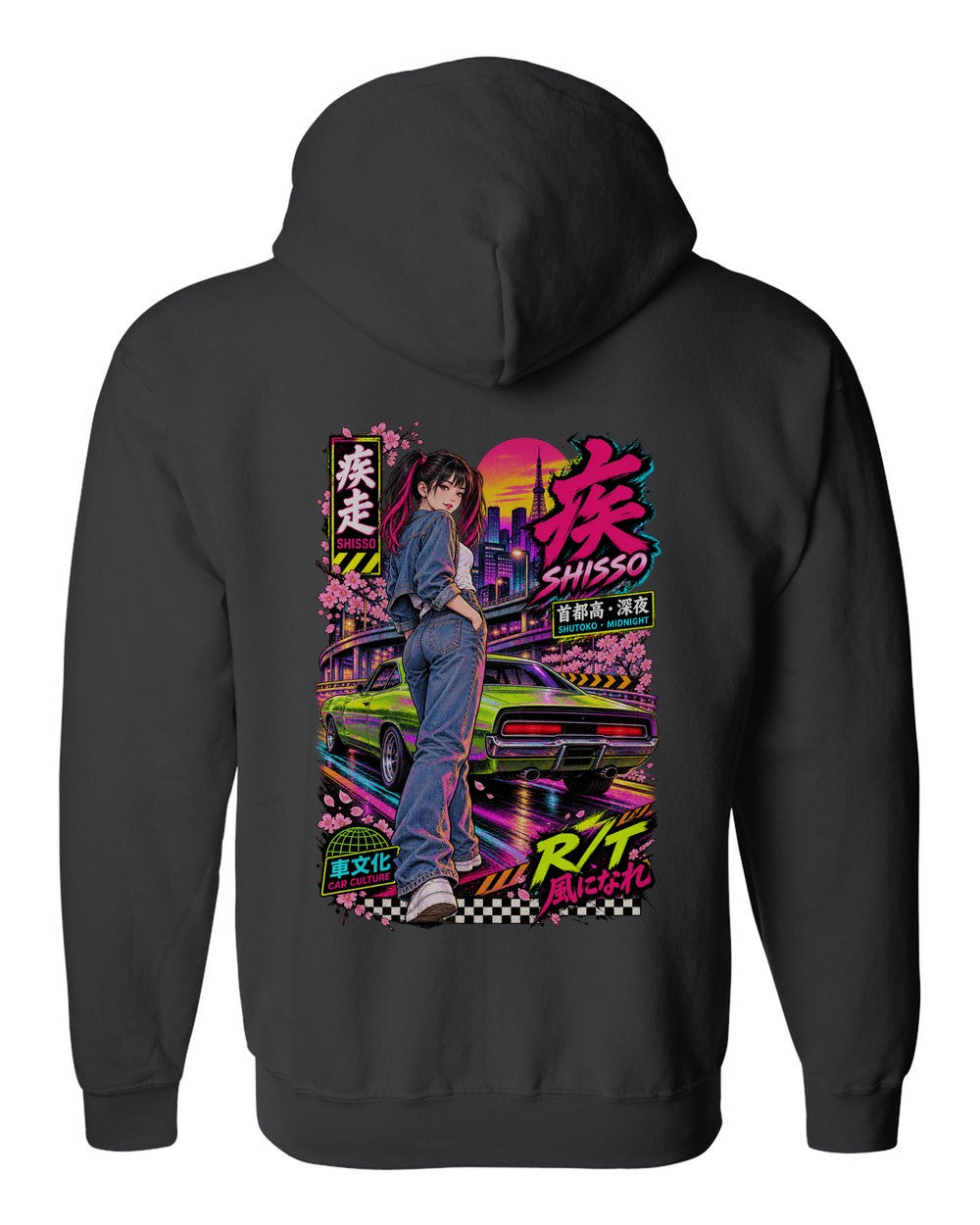 SHISSO R/T full-back artwork black zip hoodie back view with the design