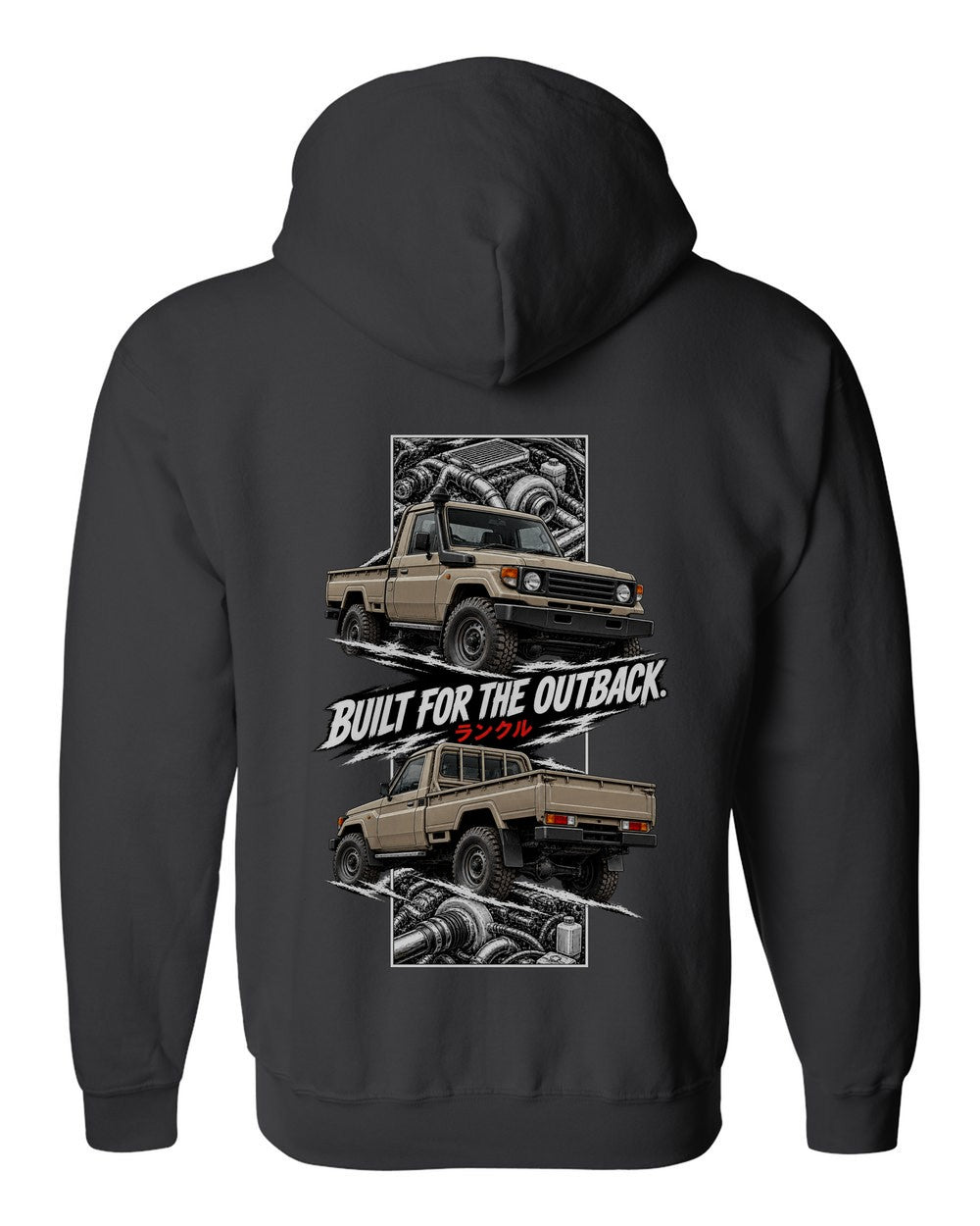 Toyota Land Cruiser 70 torn poster black zip hoodie back view with the design