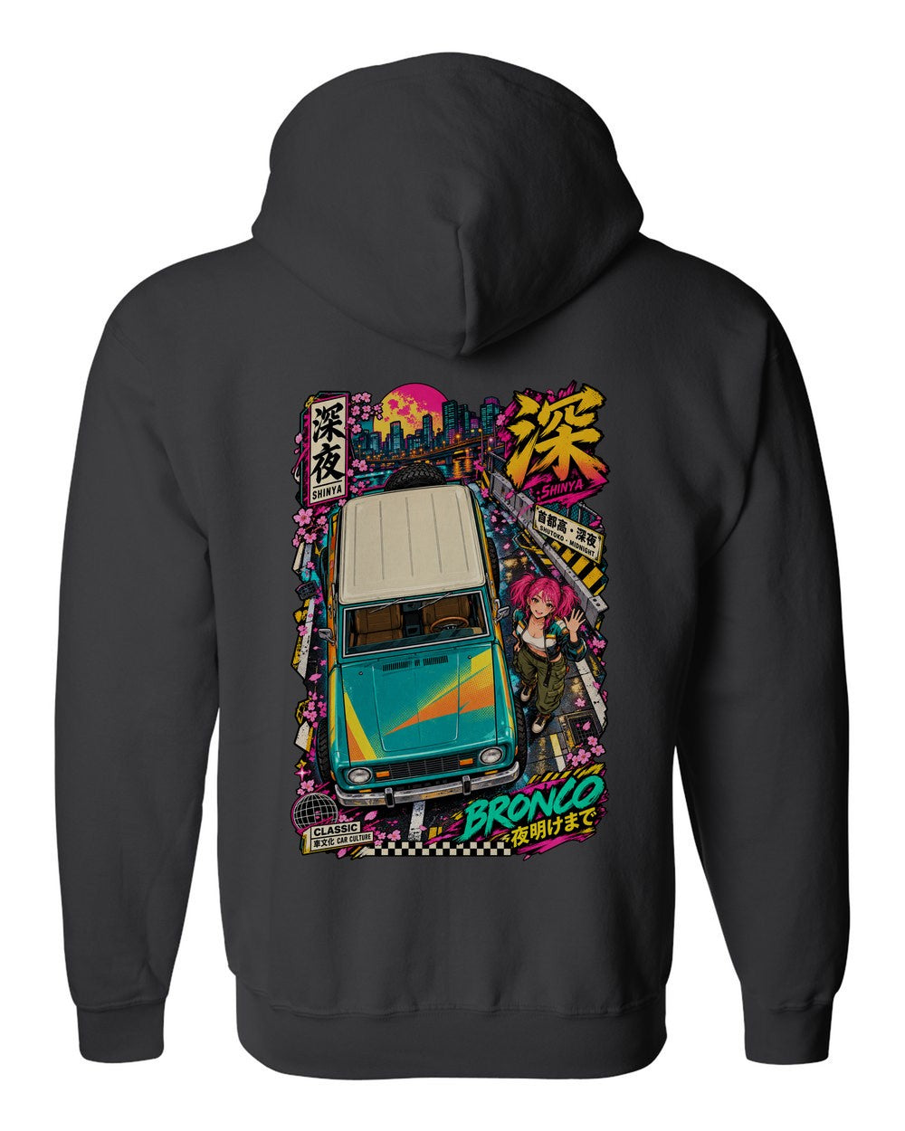 SHINYA BRONCO full-back artwork black zip hoodie back view with the design