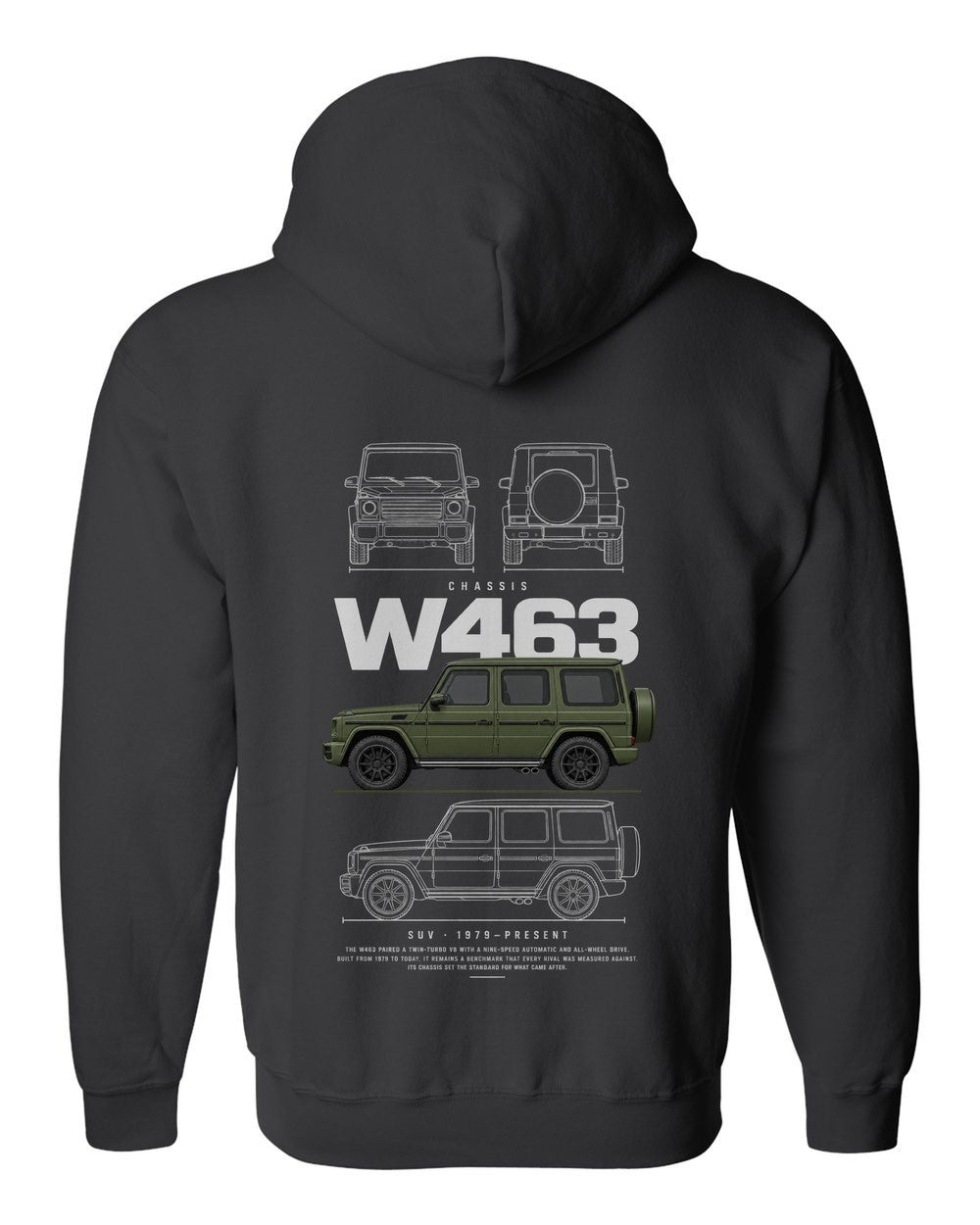 W463 full-back artwork black zip hoodie back view with the design