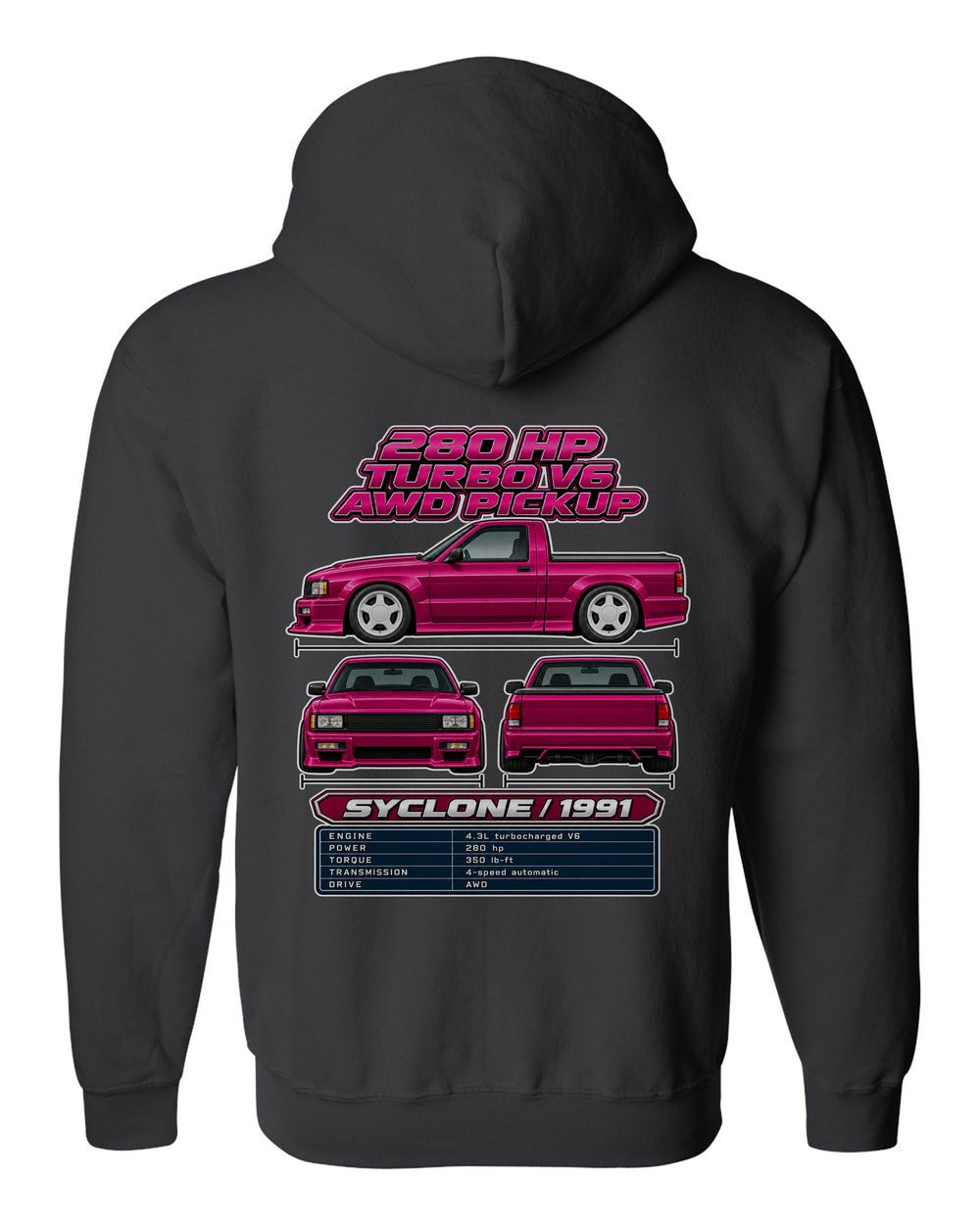 GMC Syclone spec sheet black zip hoodie back view with the design