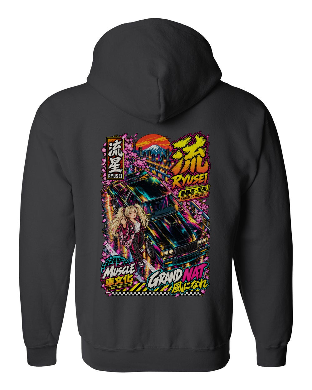 RYUSEI GRAND NAT full-back artwork black zip hoodie back view with the design