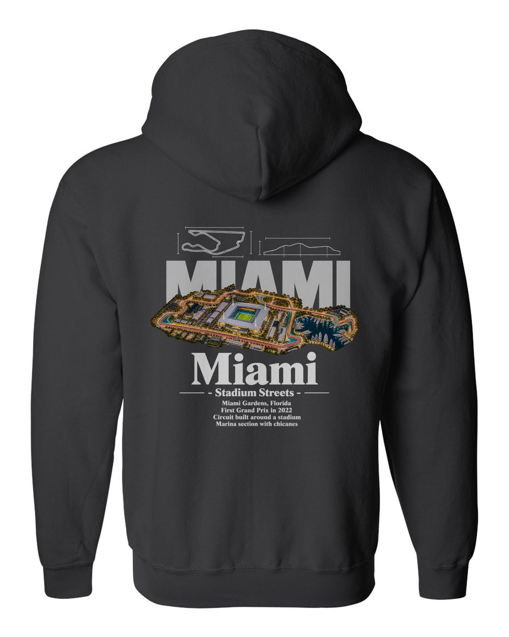 Miami black zip hoodie back view with the design