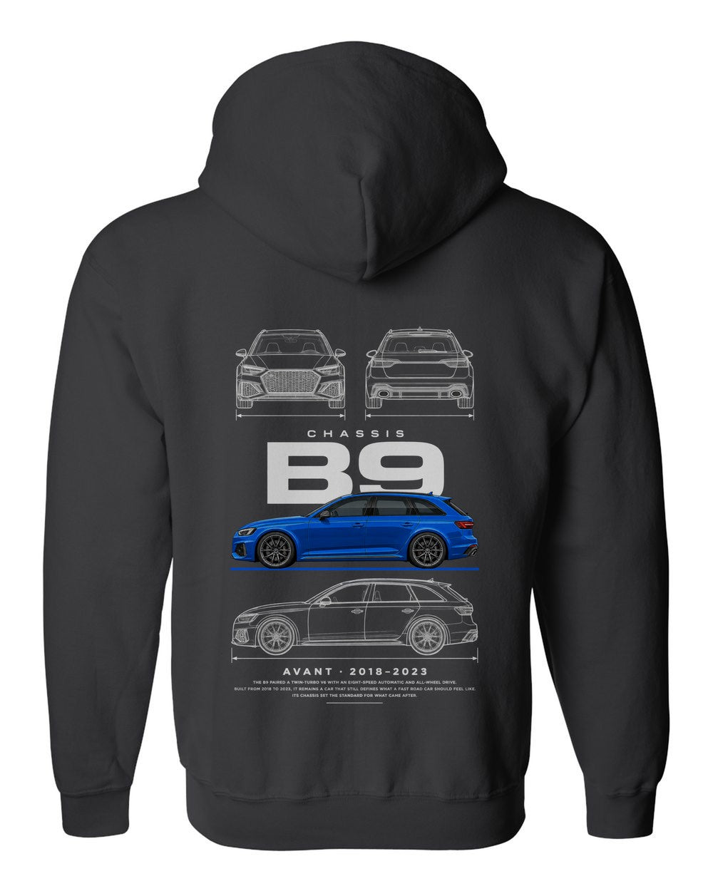 B9 full-back artwork black zip hoodie back view with the design