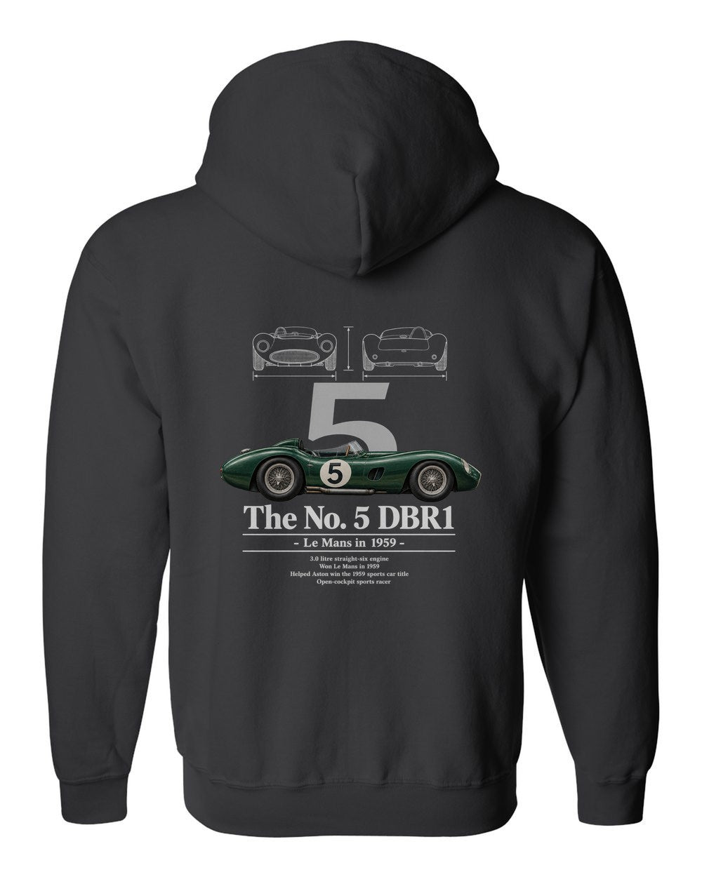 No. 5 DBR1 black zip hoodie back view with the design