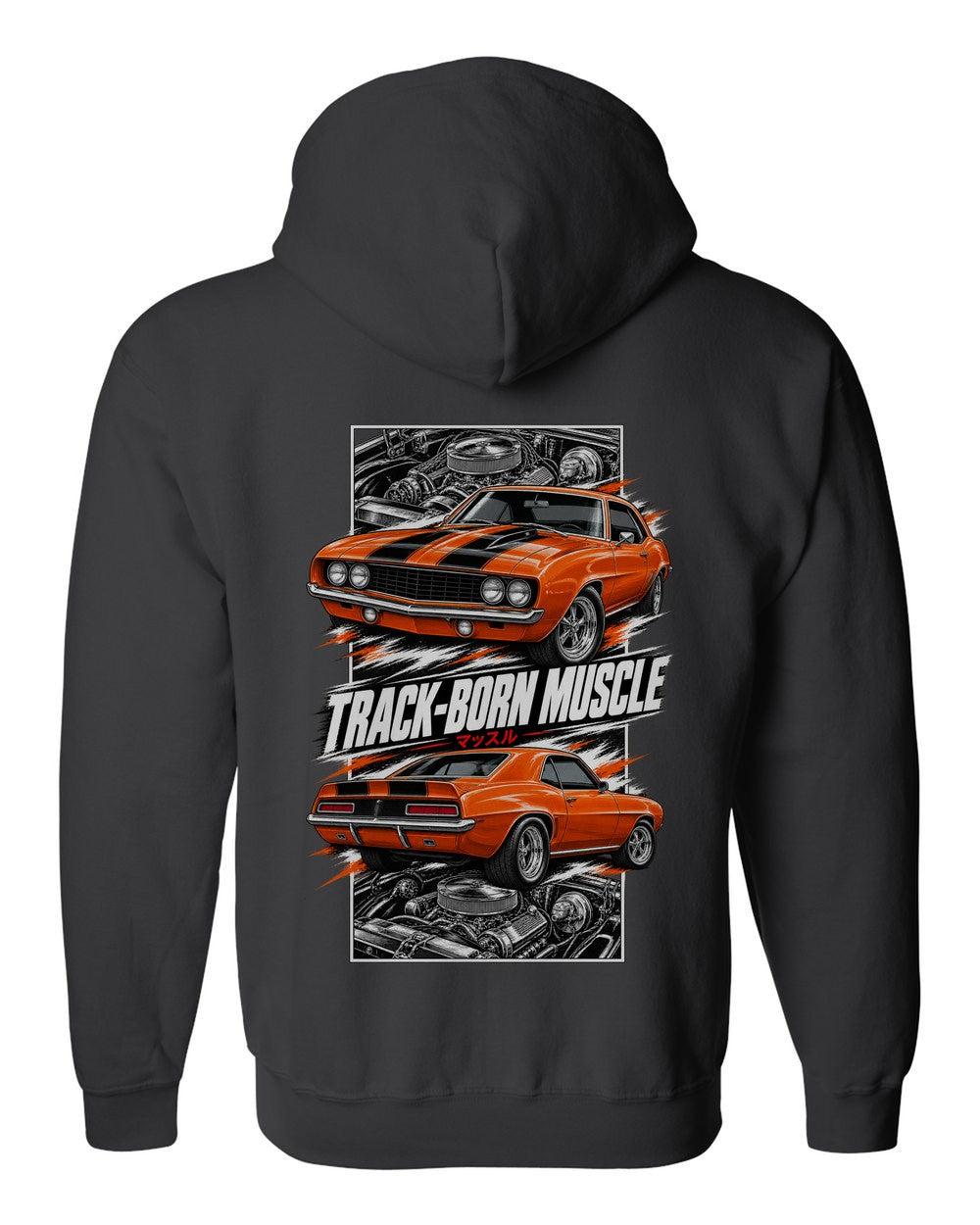 Chevy Camaro Z/28 torn poster black zip hoodie back view with the design