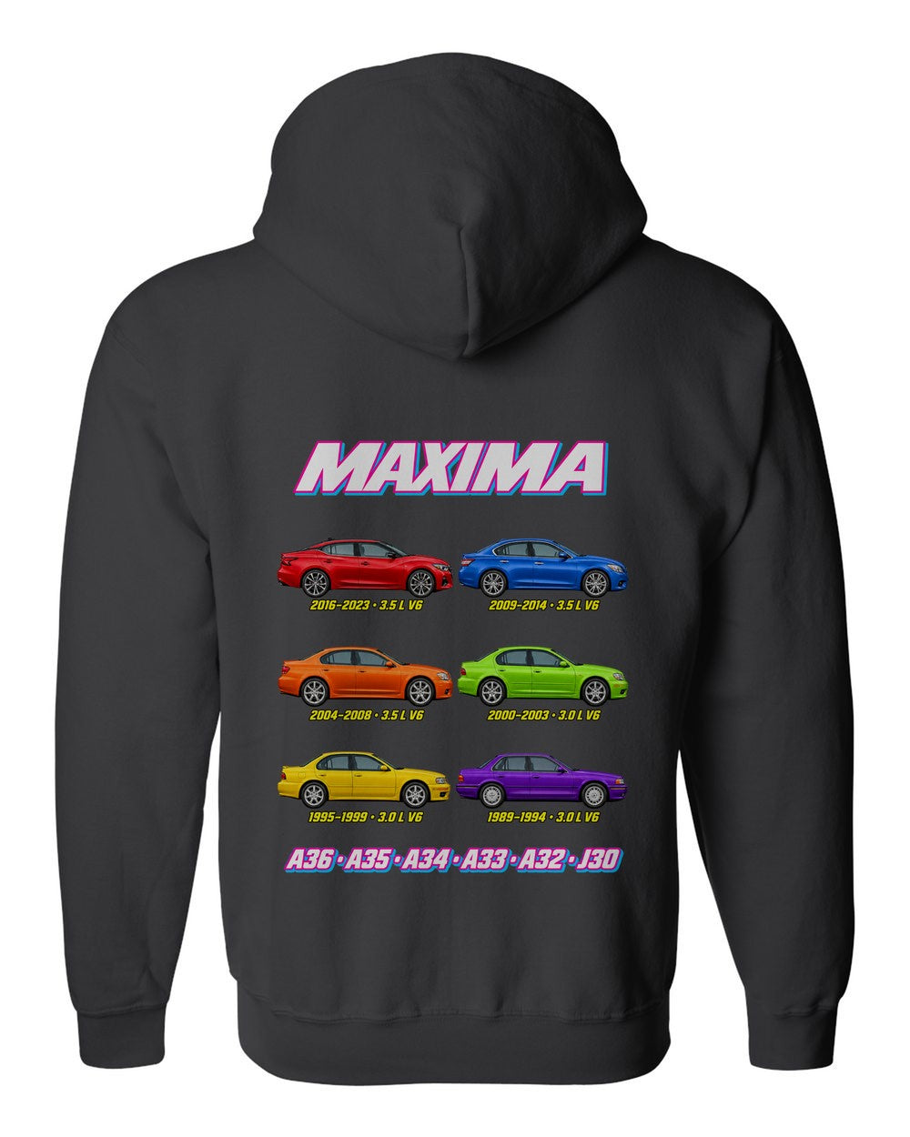Nissan Maxima evolution poster black zip hoodie back view with the design