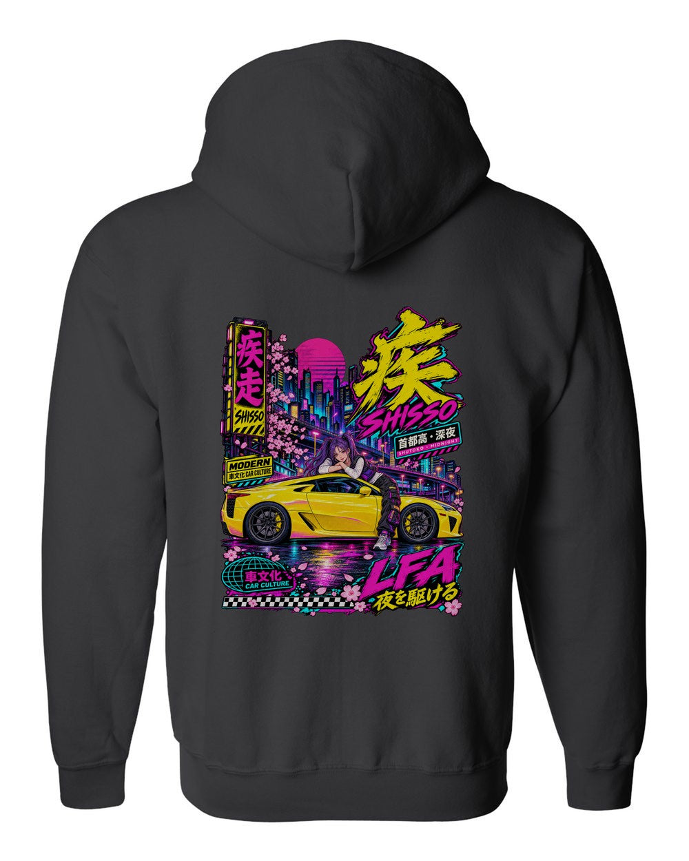 SHISSO LFA full-back artwork black zip hoodie back view with the design