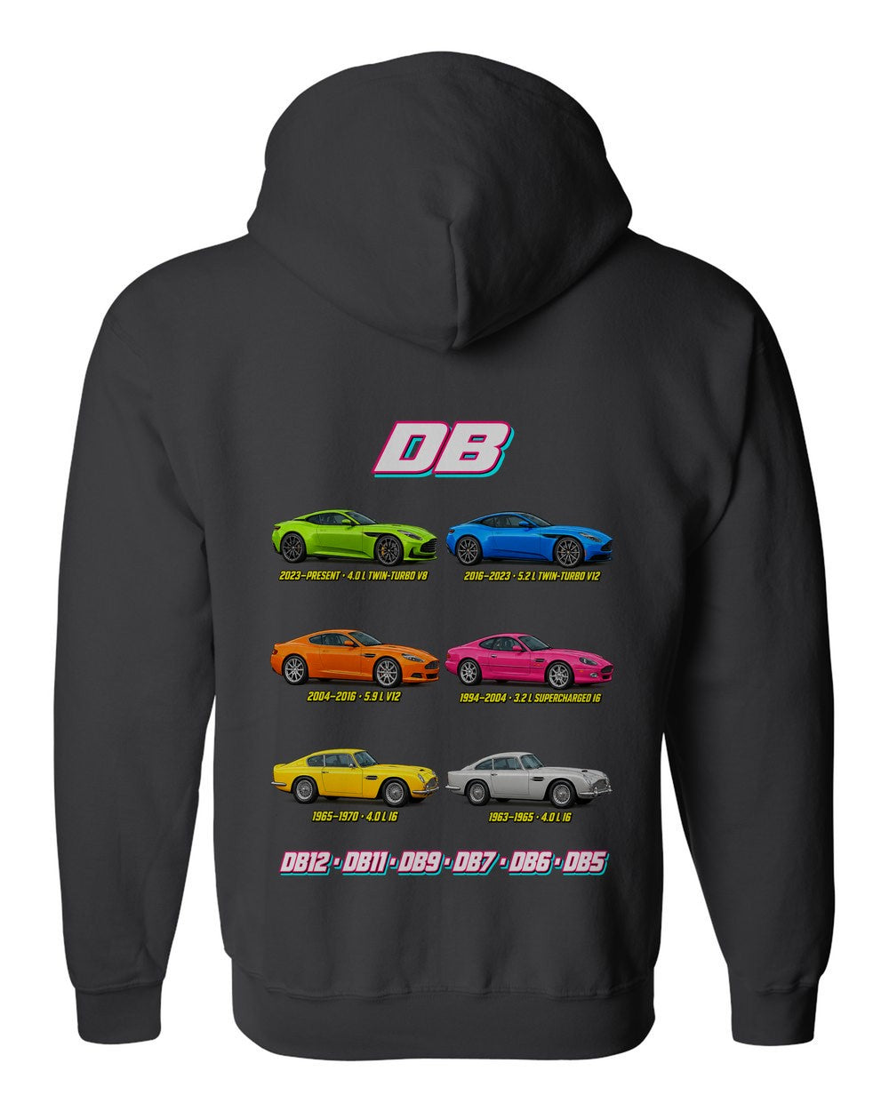 Aston Martin DB evolution poster black zip hoodie back view with the design