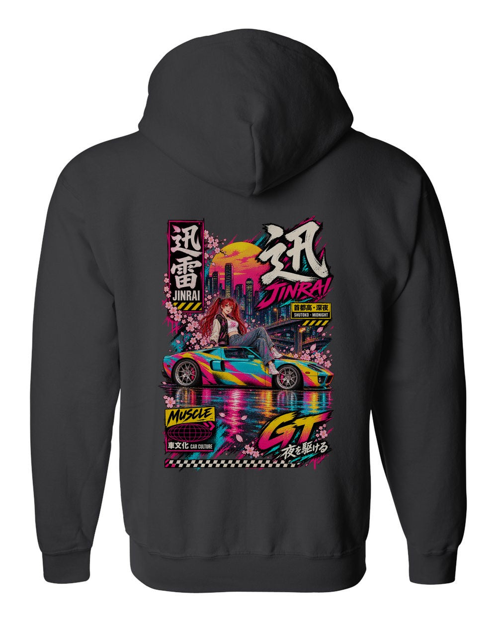 JINRAI GT full-back artwork black zip hoodie back view with the design