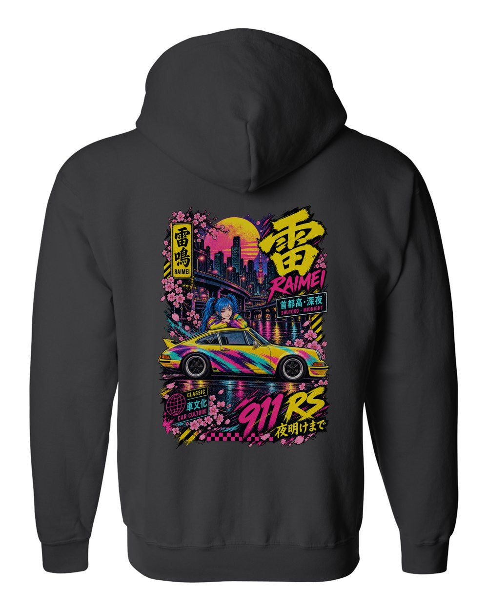 RAIMEI 911 RS full-back artwork black zip hoodie back view with the design