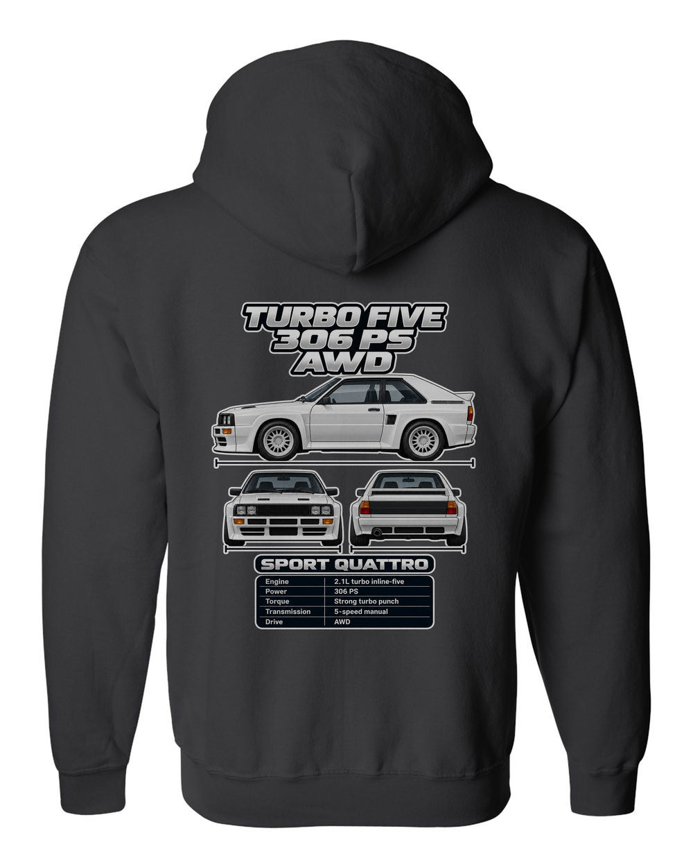 Audi Sport Quattro spec sheet black zip hoodie back view with the design