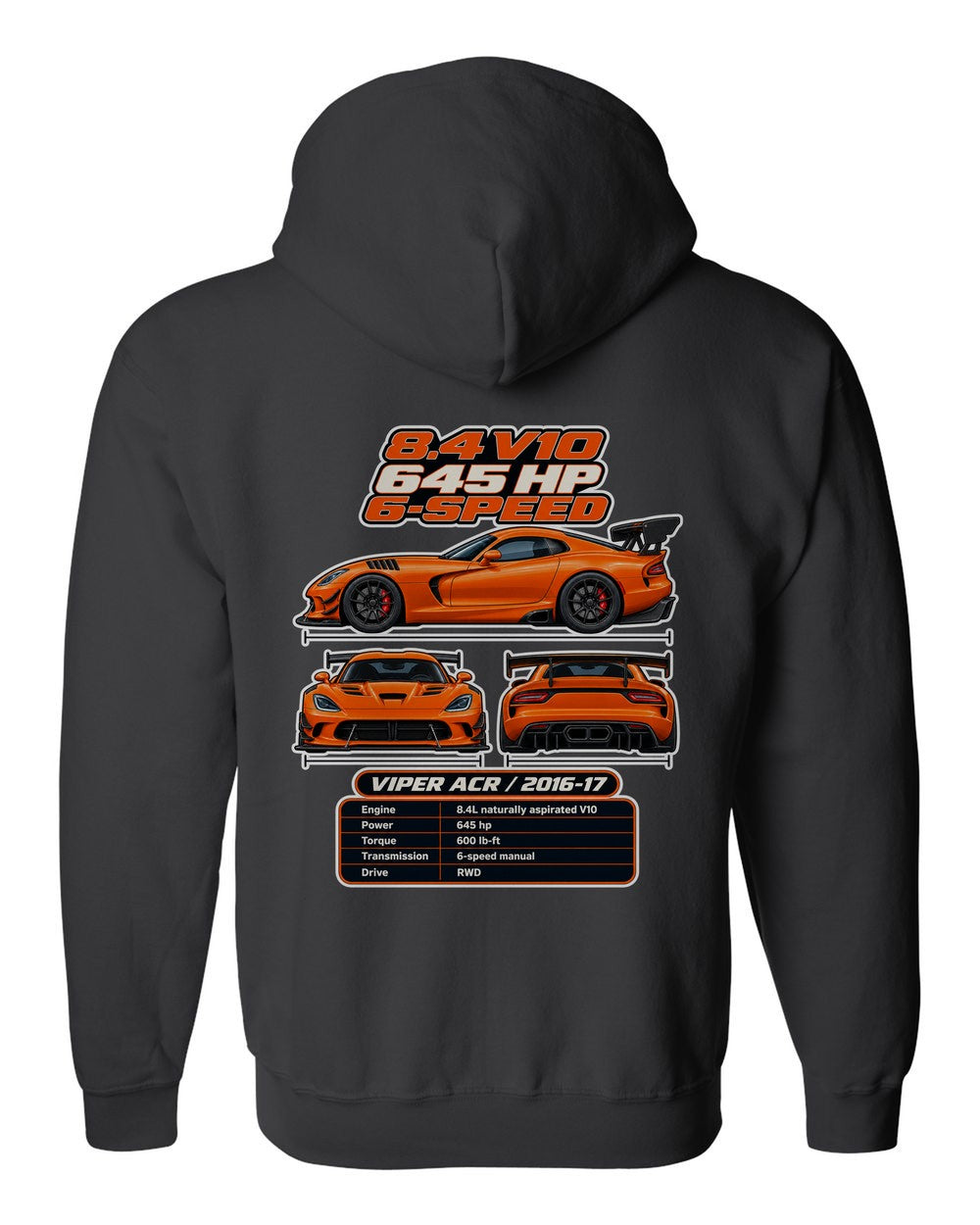 Dodge Viper Acr spec sheet black zip hoodie back view with the design