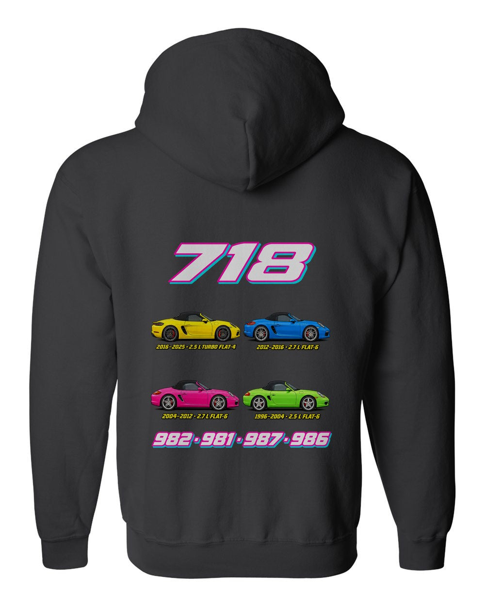 Porsche Boxster 718 evolution poster black zip hoodie back view with the design
