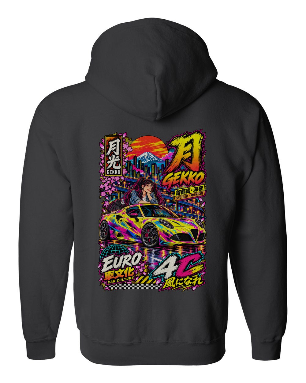 GEKKO 4C full-back artwork black zip hoodie back view with the design