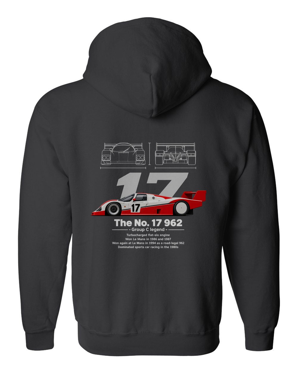 No. 17 962 black zip hoodie back view with the design