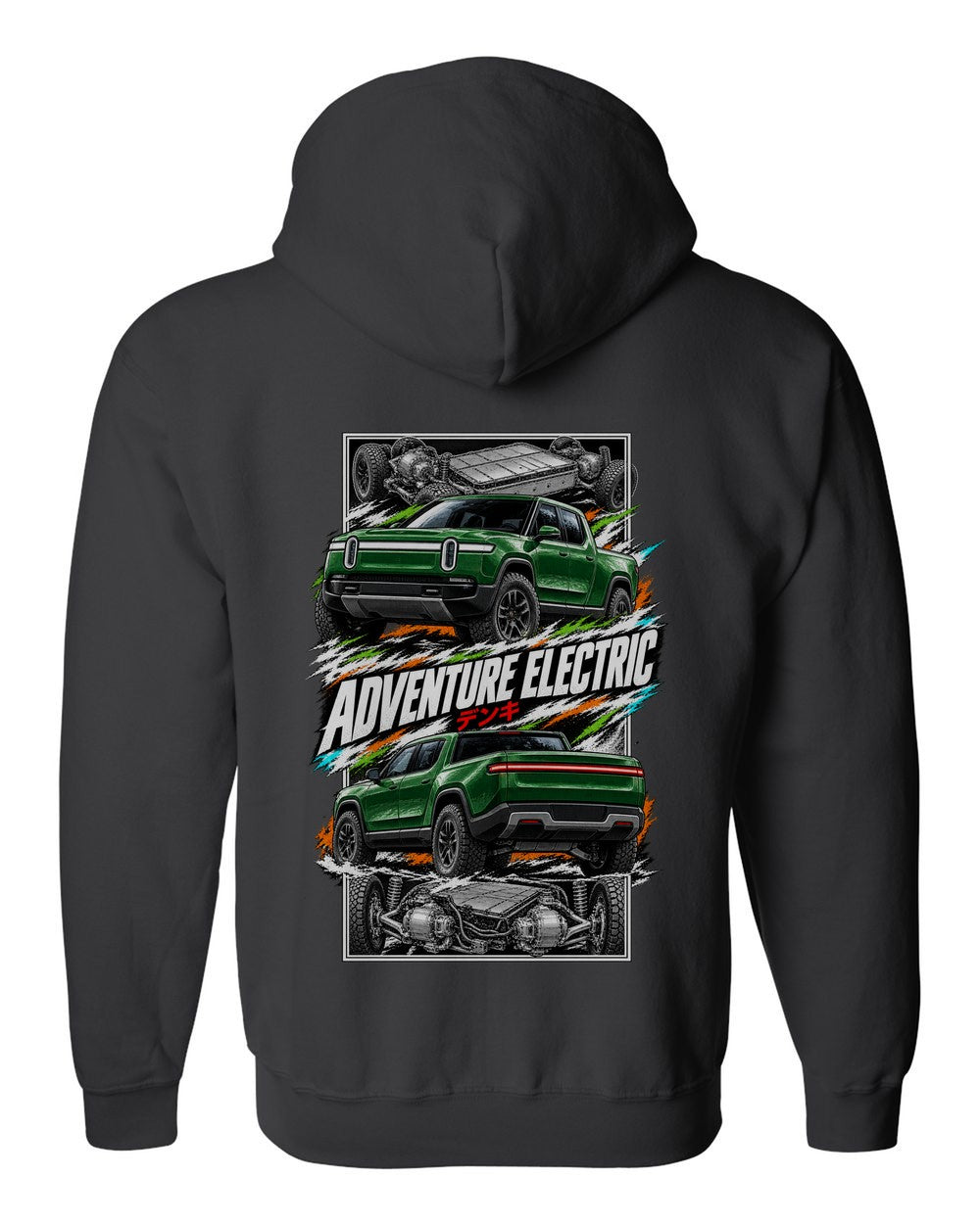 Rivian R1T torn poster black zip hoodie back view with the design