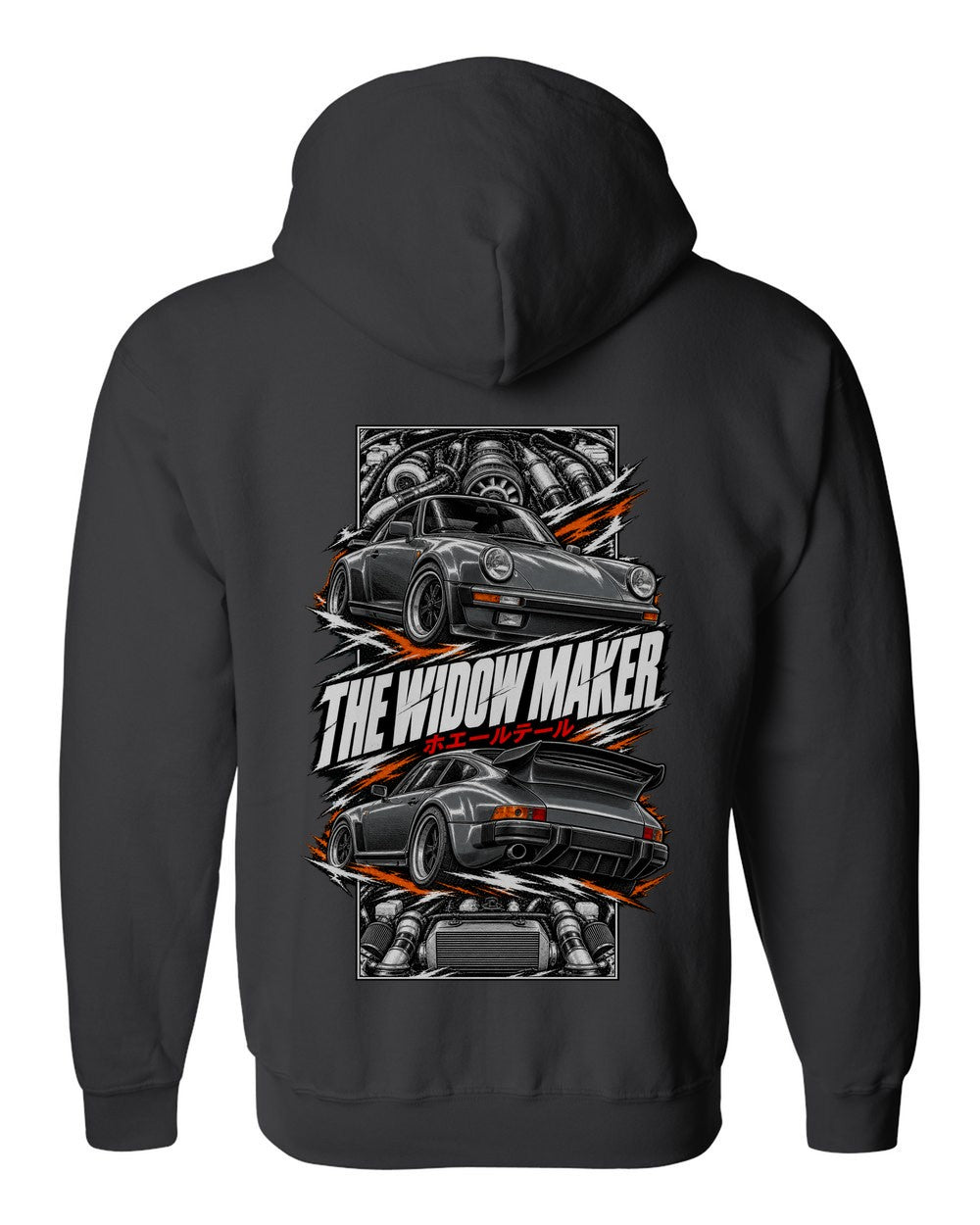 Porsche 930 Turbo torn poster black zip hoodie back view with the design