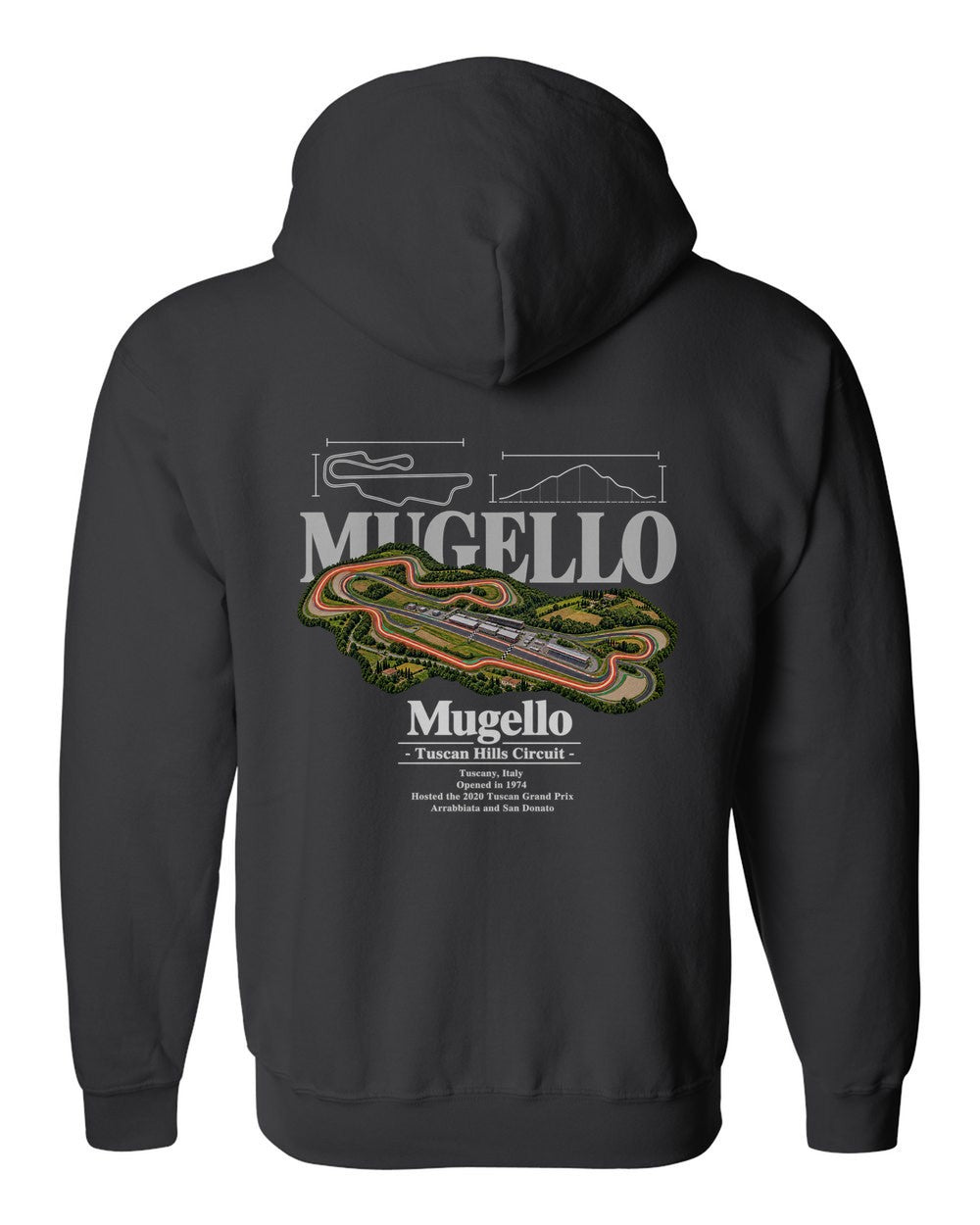 Mugello black zip hoodie back view with the design