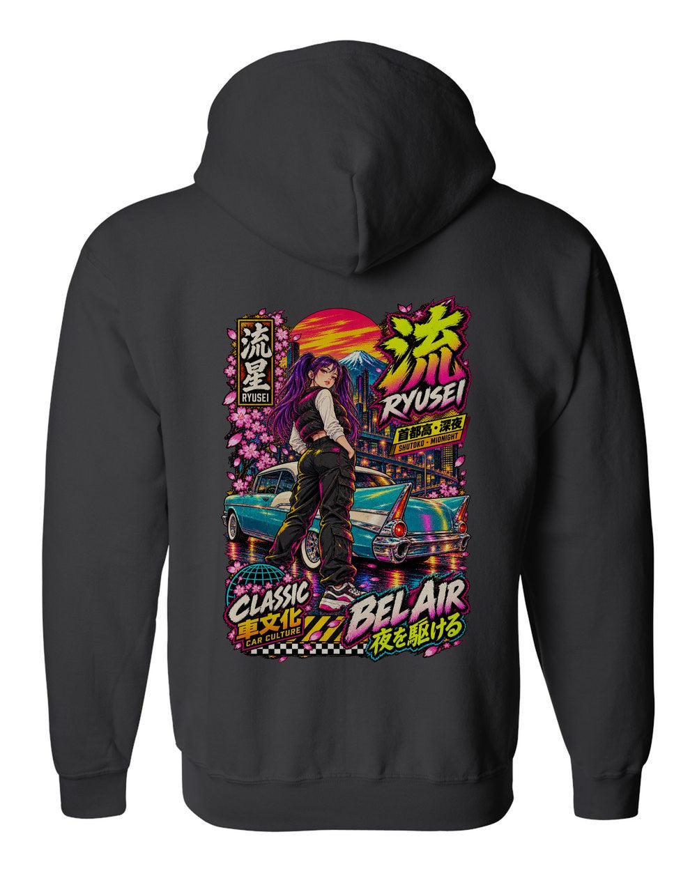 RYUSEI BEL AIR full-back artwork black zip hoodie back view with the design