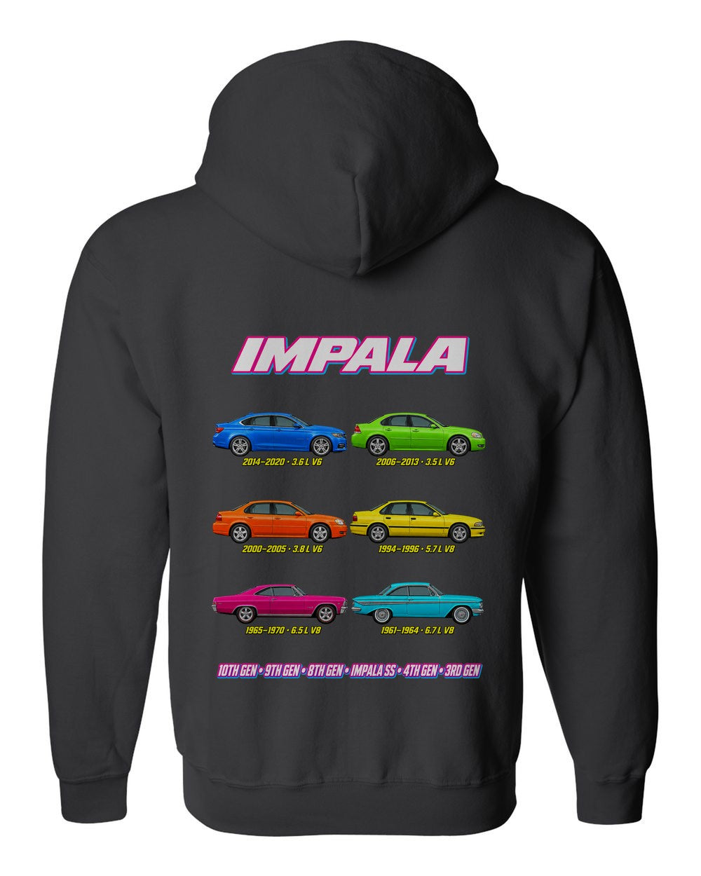 Chevy Impala evolution poster black zip hoodie back view with the design