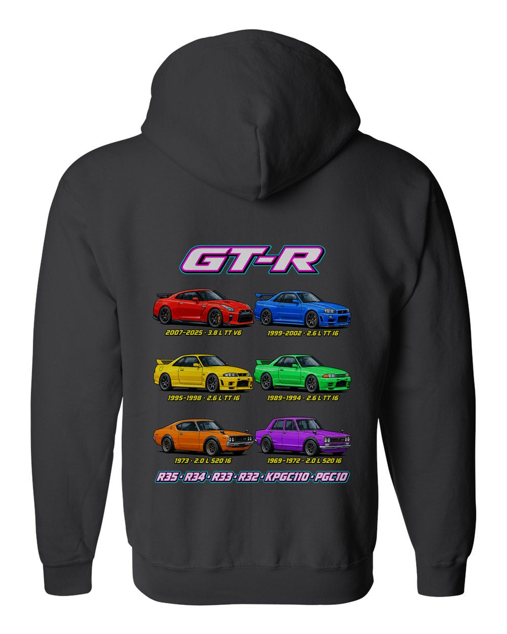Nissan Skyline GT-R evolution poster black zip hoodie back view with the design