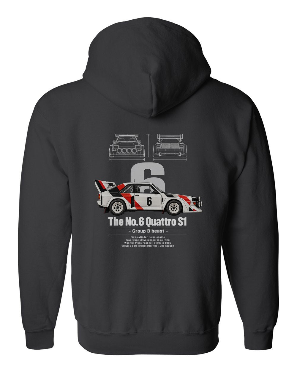 No. 6 Quattro S1 black zip hoodie back view with the design