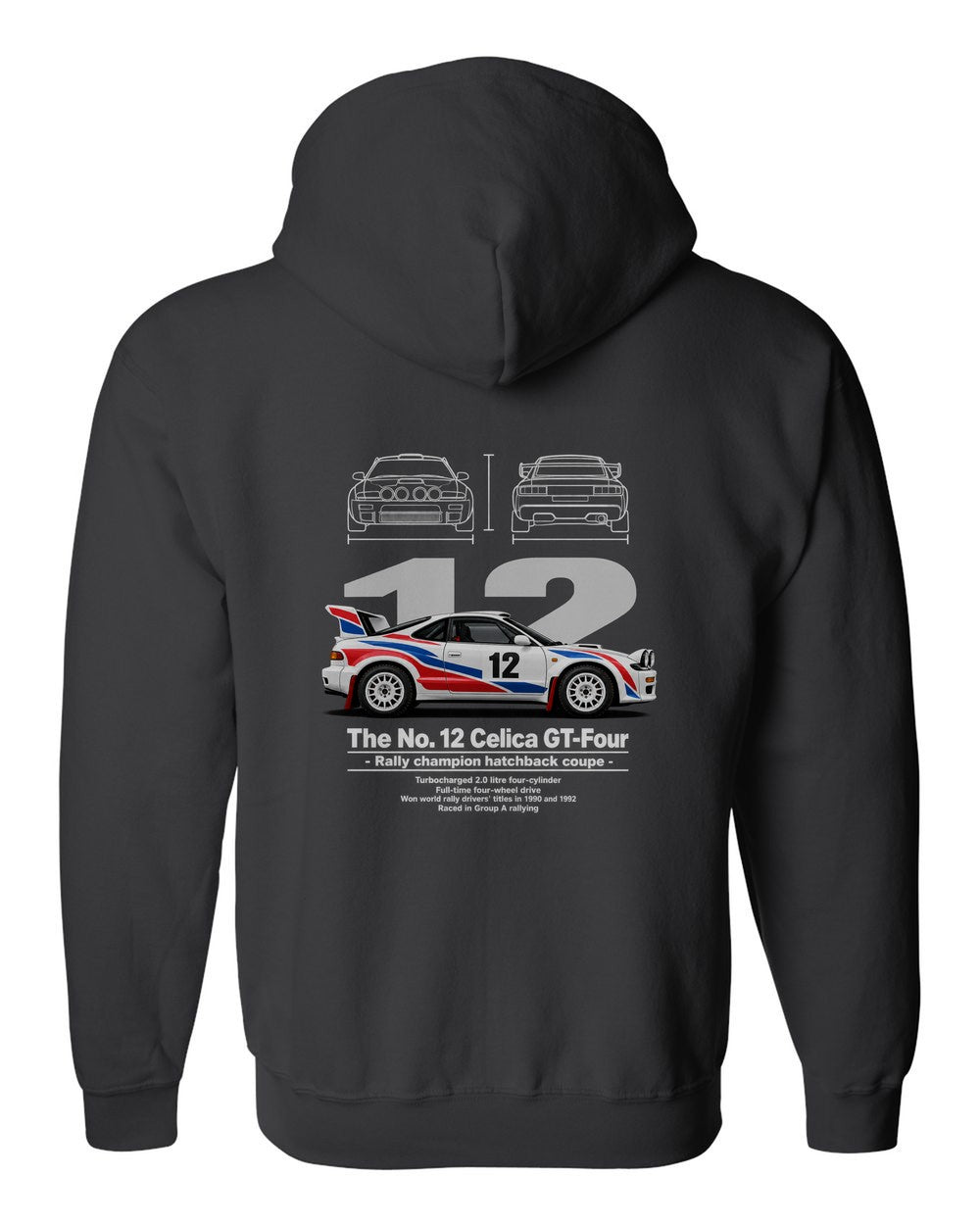 No. 12 Celica GT-Four black zip hoodie back view with the design
