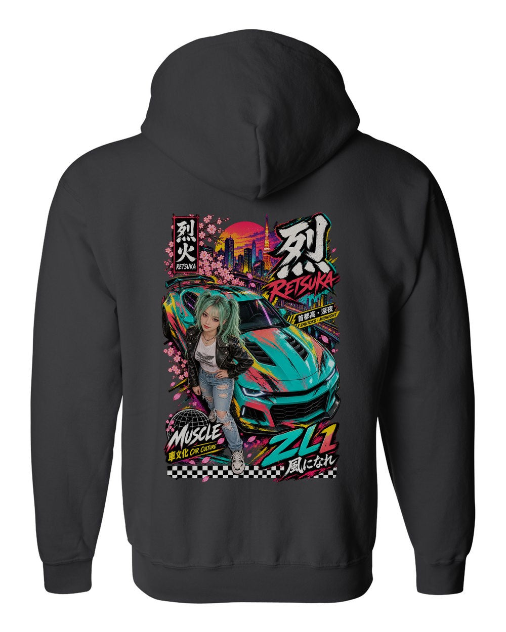 RETSUKA ZL1 full-back artwork black zip hoodie back view with the design