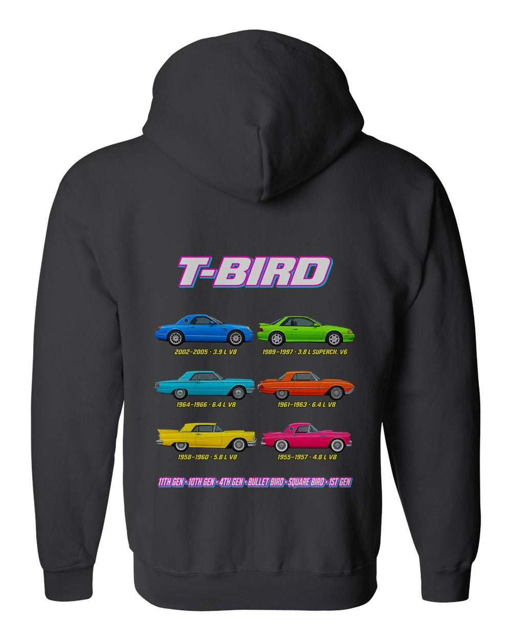 Ford Thunderbird evolution poster black zip hoodie back view with the design
