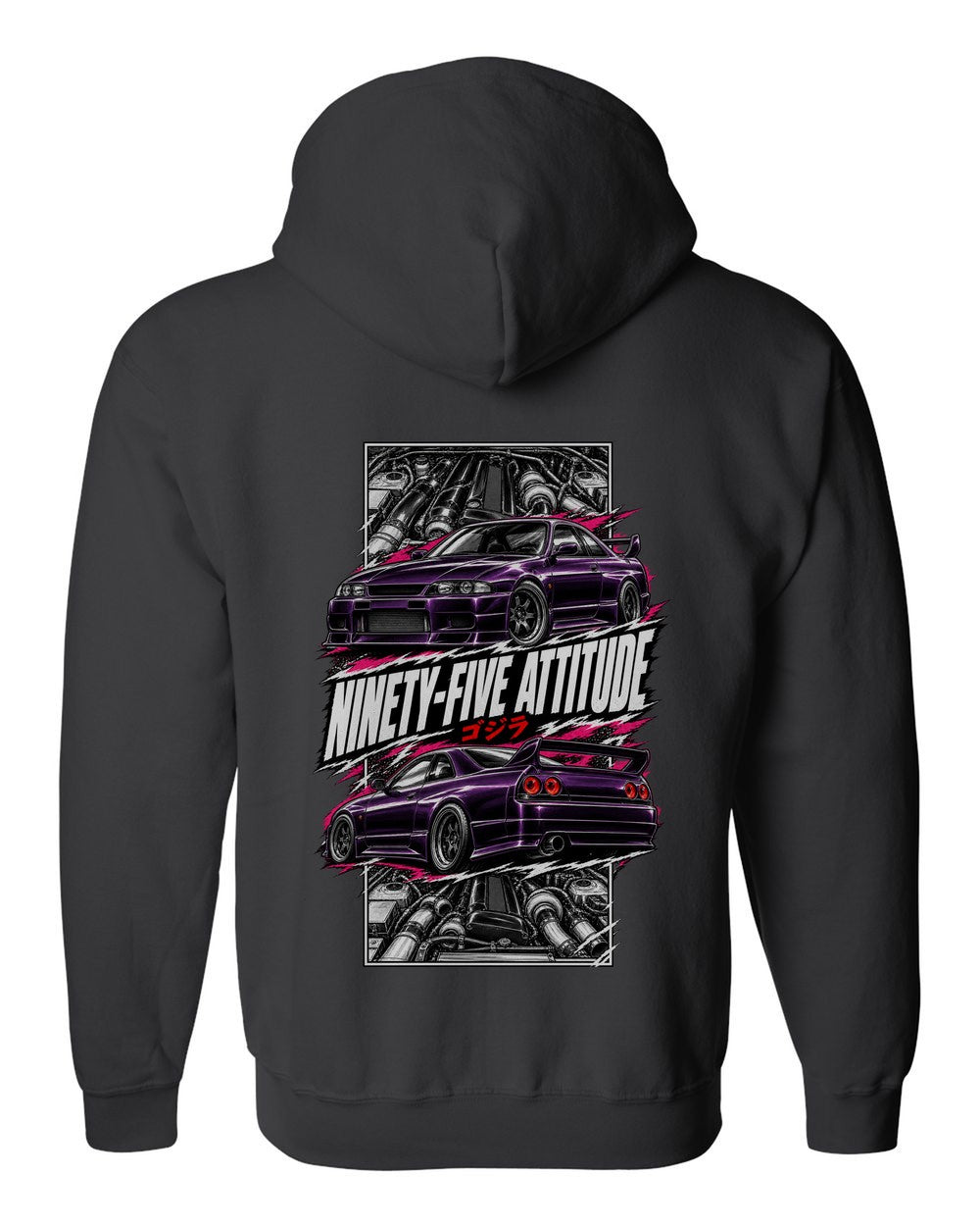 Nissan Skyline GT-R R33 torn poster black zip hoodie back view with the design