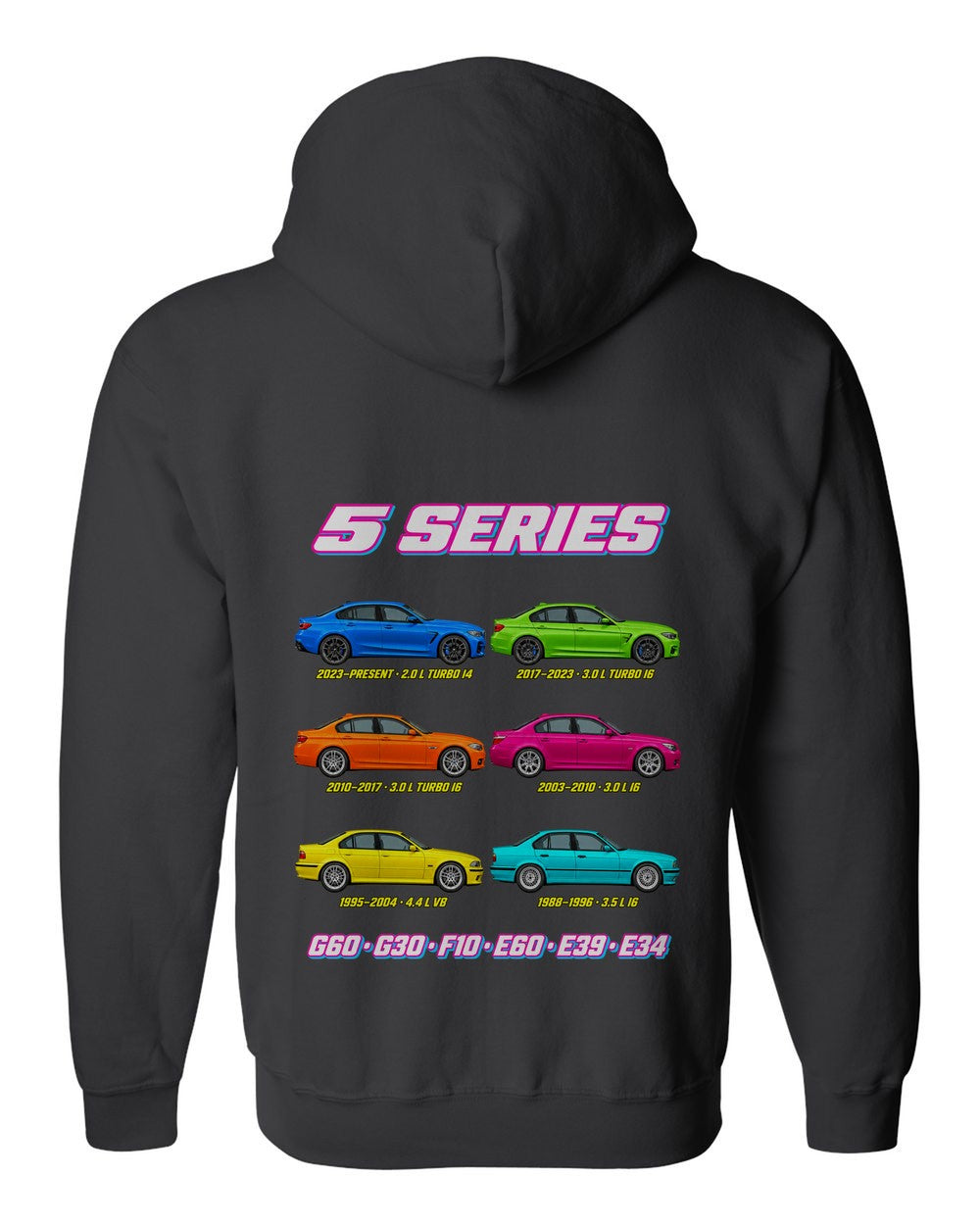 BMW 5 Series evolution poster black zip hoodie back view with the design