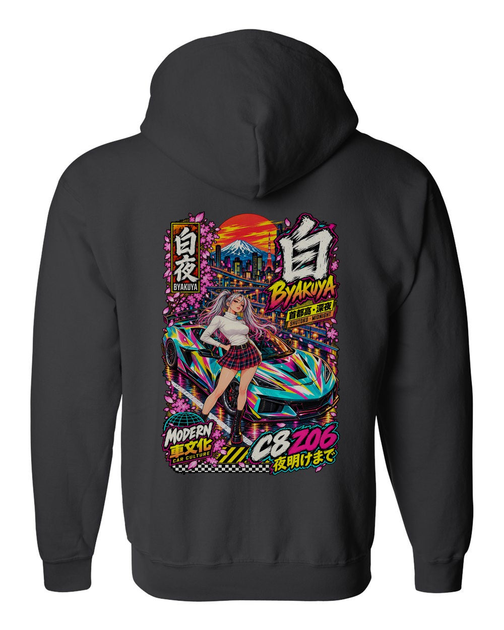 BYAKUYA C8 Z06 full-back artwork black zip hoodie back view with the design