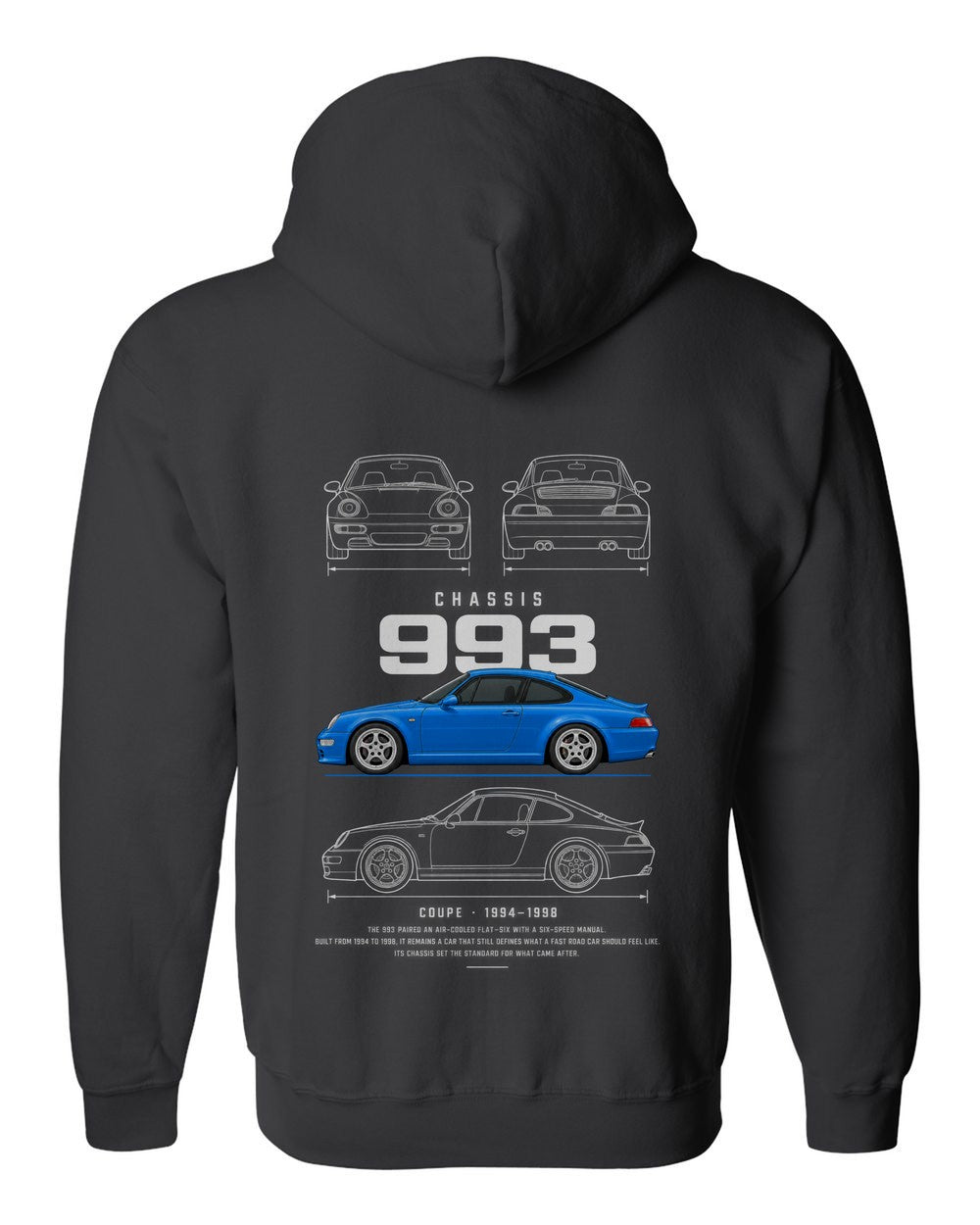 993 full-back artwork black zip hoodie back view with the design