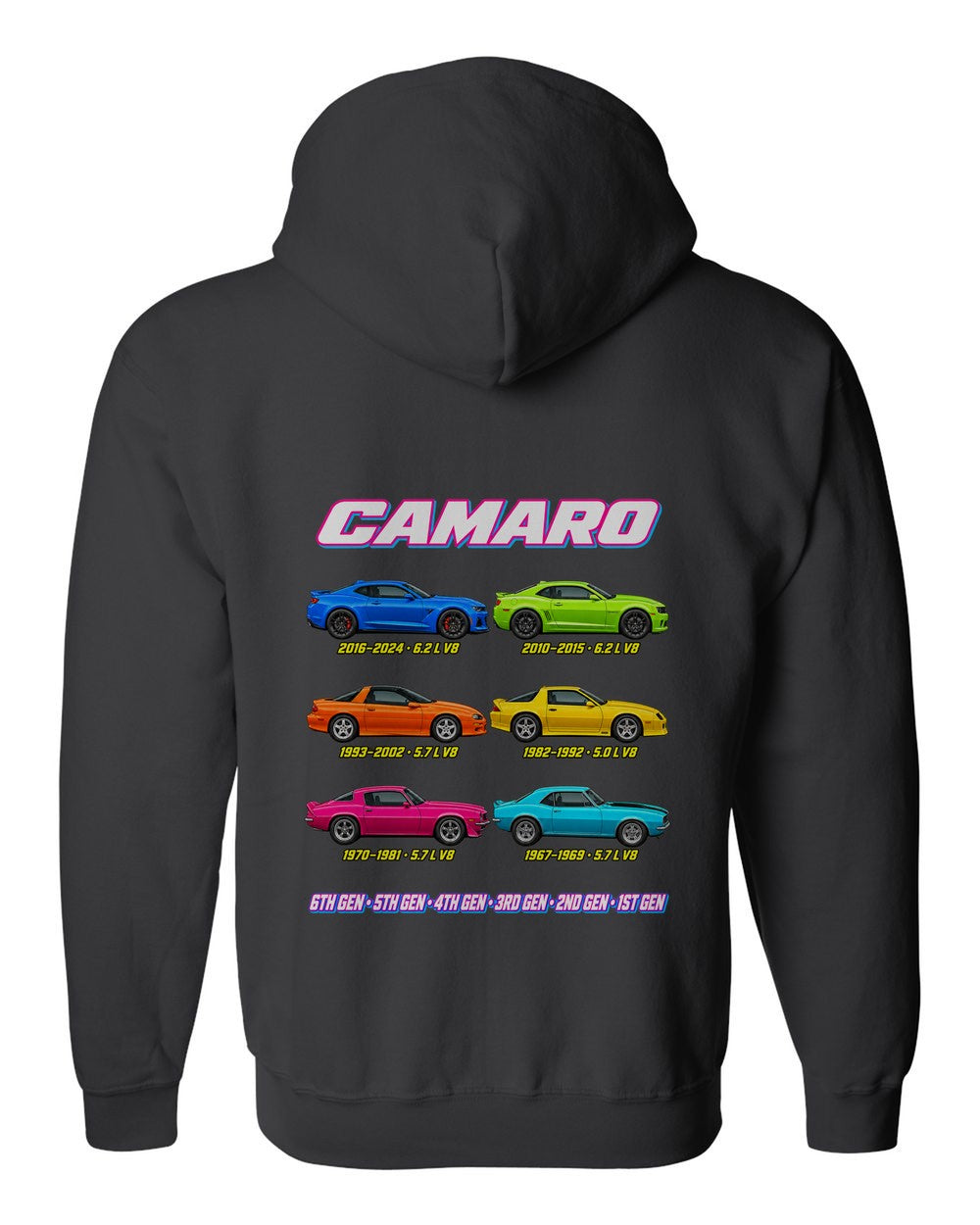 Chevy Camaro evolution poster black zip hoodie back view with the design