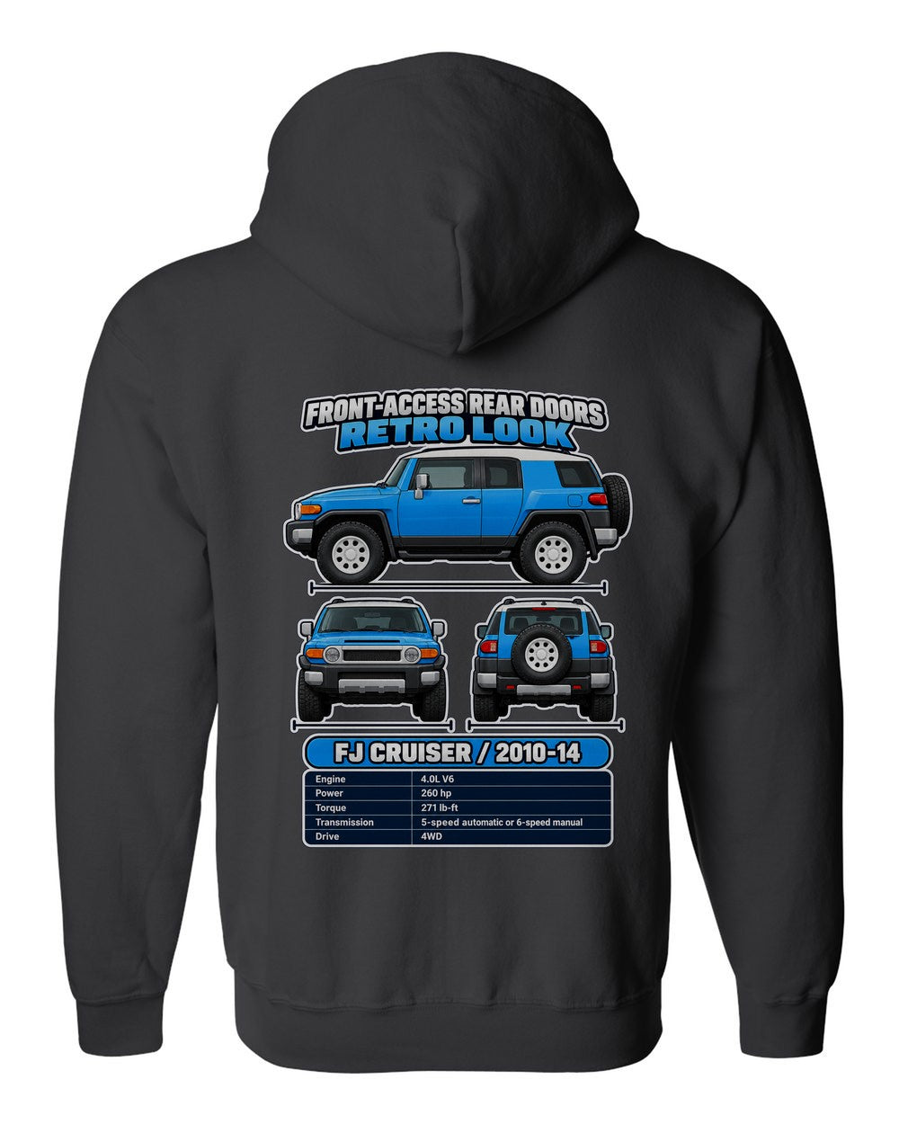 Toyota Fj Cruiser spec sheet black zip hoodie back view with the design