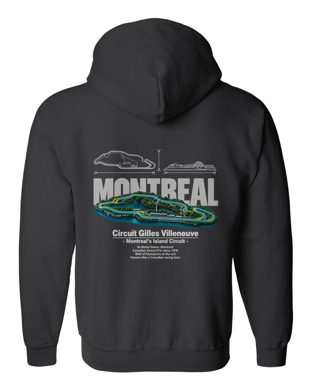 Circuit Gilles Villeneuve black zip hoodie back view with the design