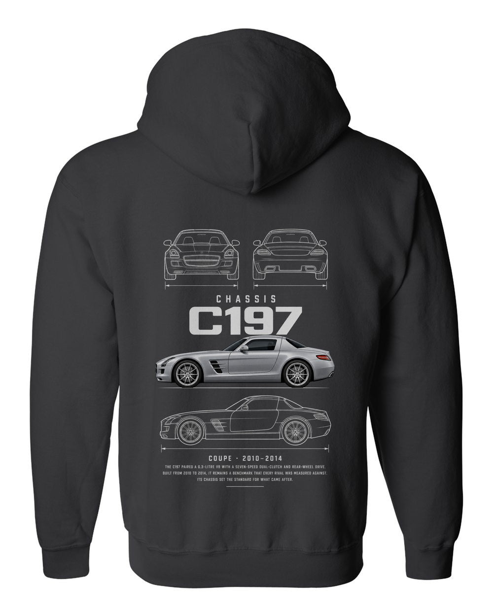 C197 full-back artwork black zip hoodie back view with the design
