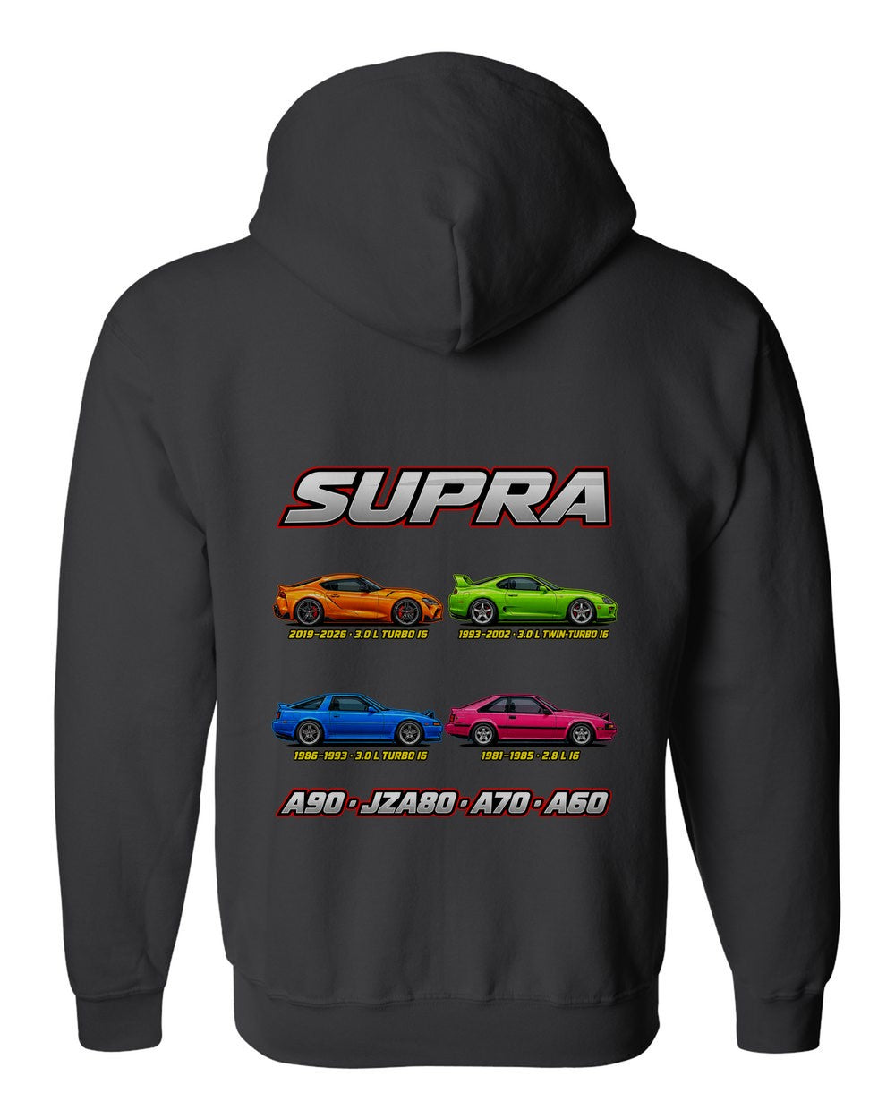 Toyota Supra evolution poster black zip hoodie back view with the design