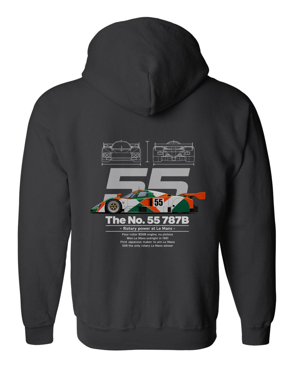 No. 55 787B black zip hoodie back view with the design