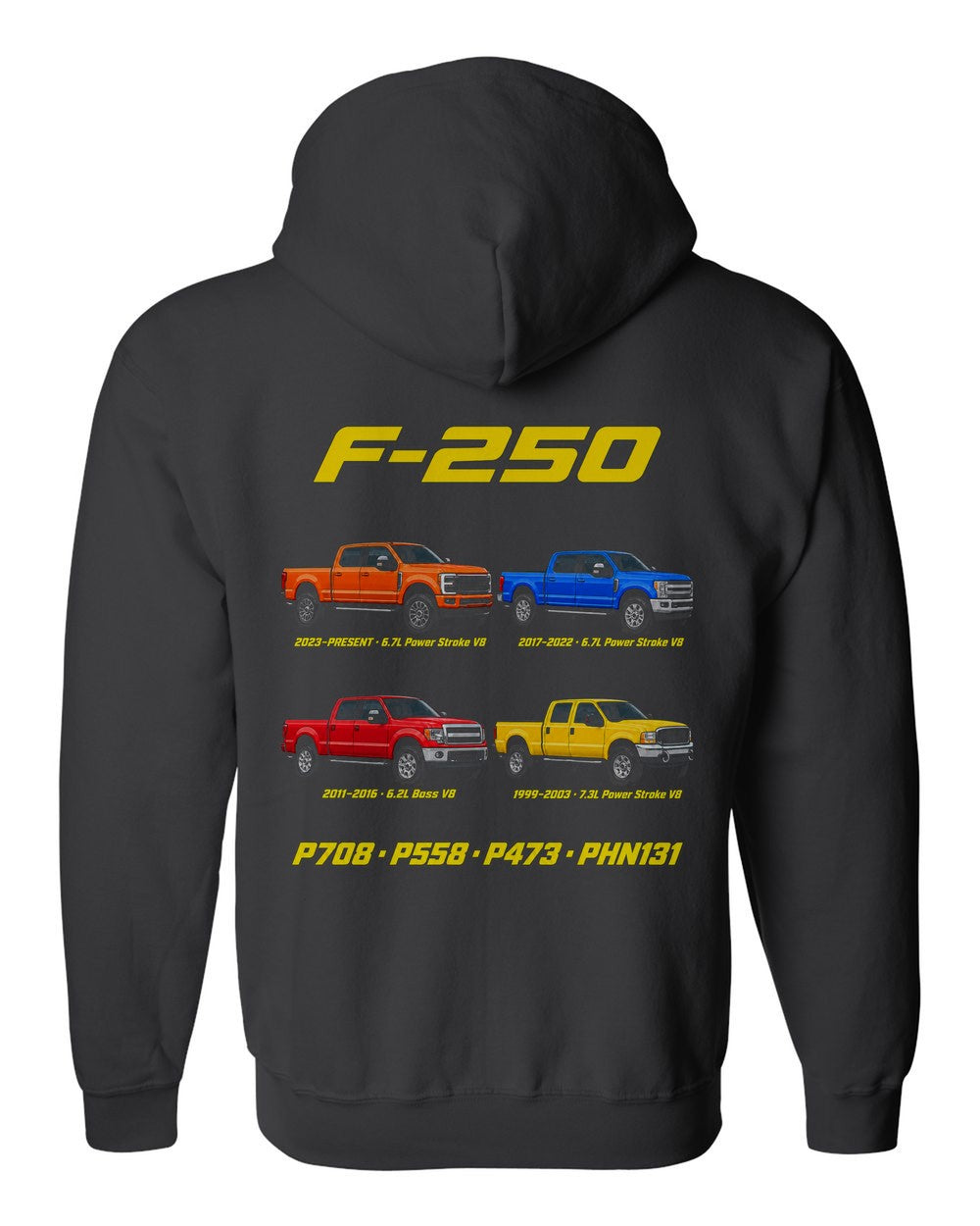 Ford F-250 Super Duty evolution poster black zip hoodie back view with the design