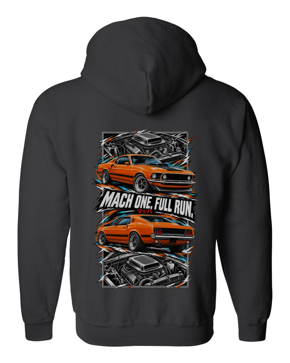 Ford Mustang Mach 1 torn poster black zip hoodie back view with the design