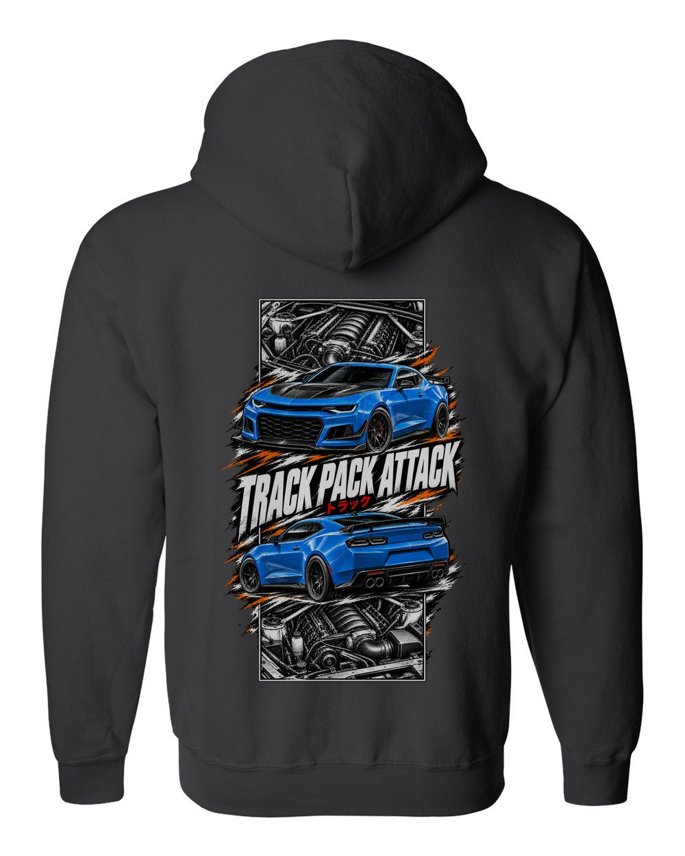 Chevy Camaro SS torn poster black zip hoodie back view with the design