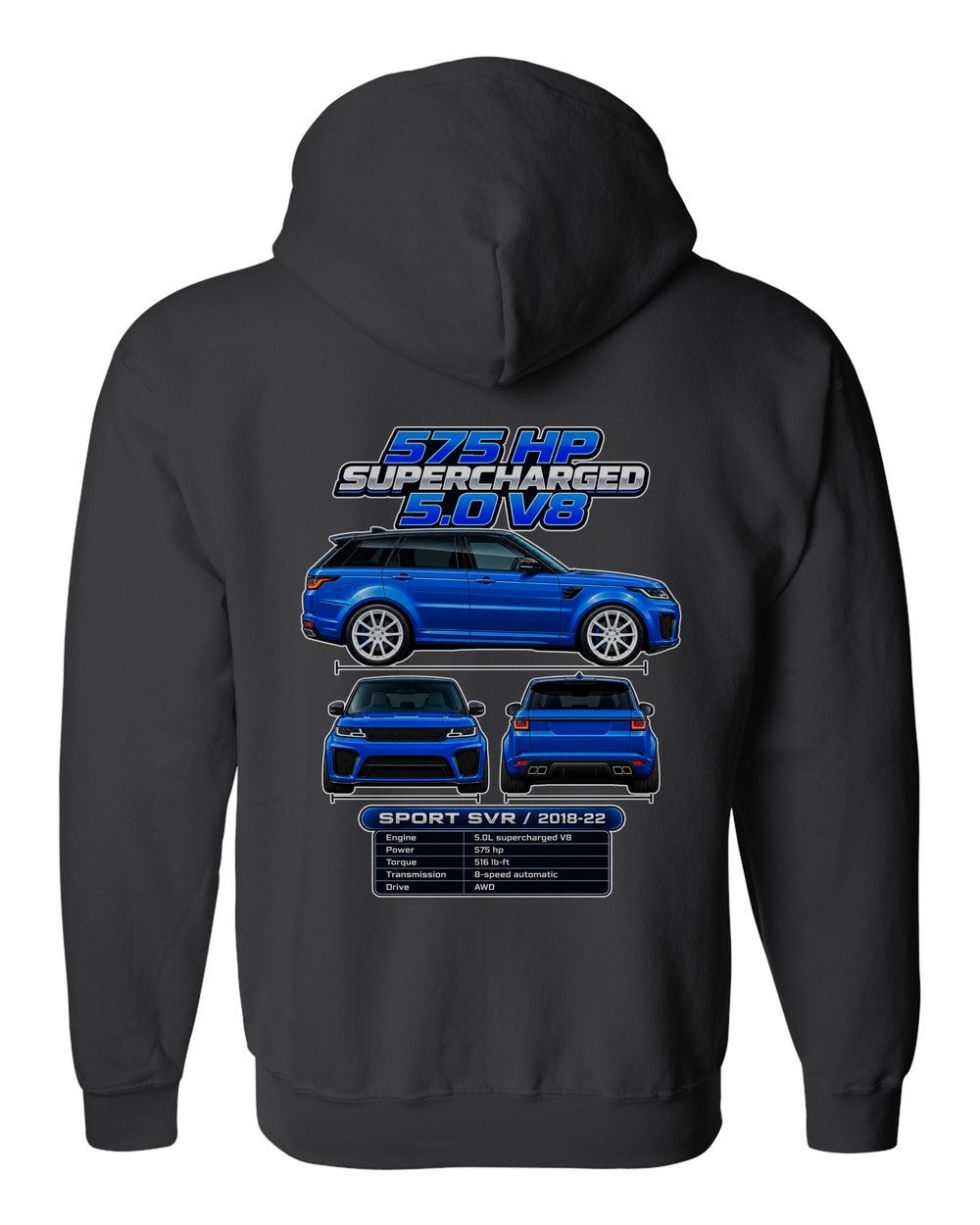 Range Rover Sport Svr spec sheet black zip hoodie back view with the design