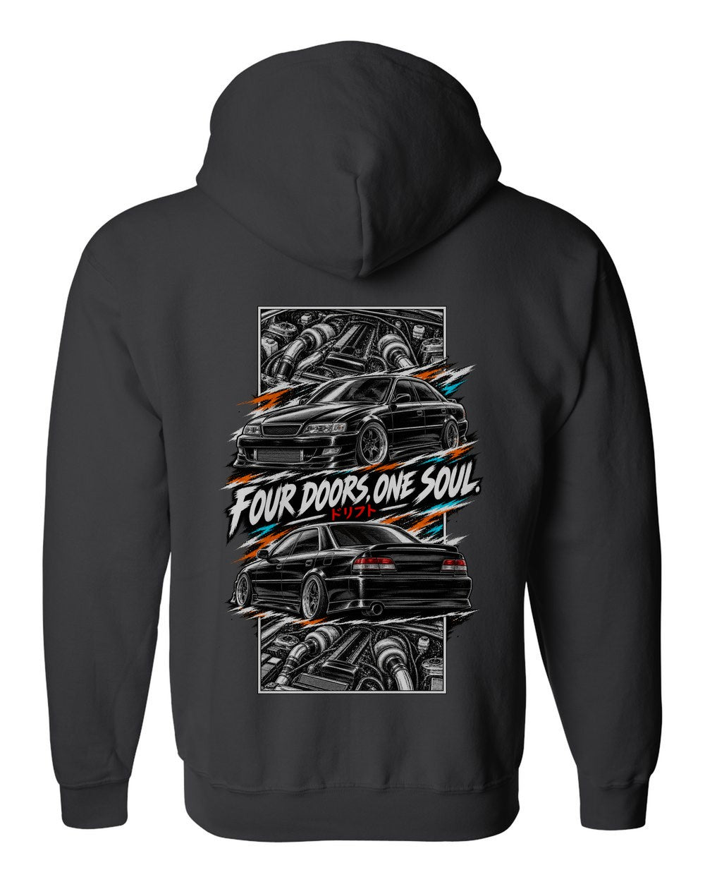 Toyota Chaser Jzx100 torn poster black zip hoodie back view with the design