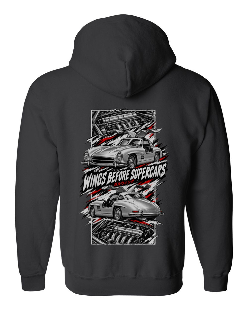 Mercedes 300 Sl torn poster black zip hoodie back view with the design