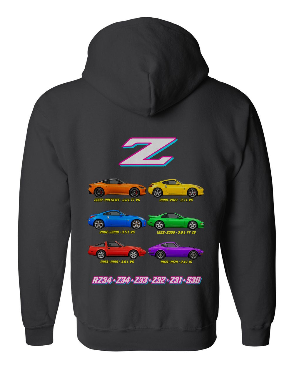 Nissan Z evolution poster black zip hoodie back view with the design