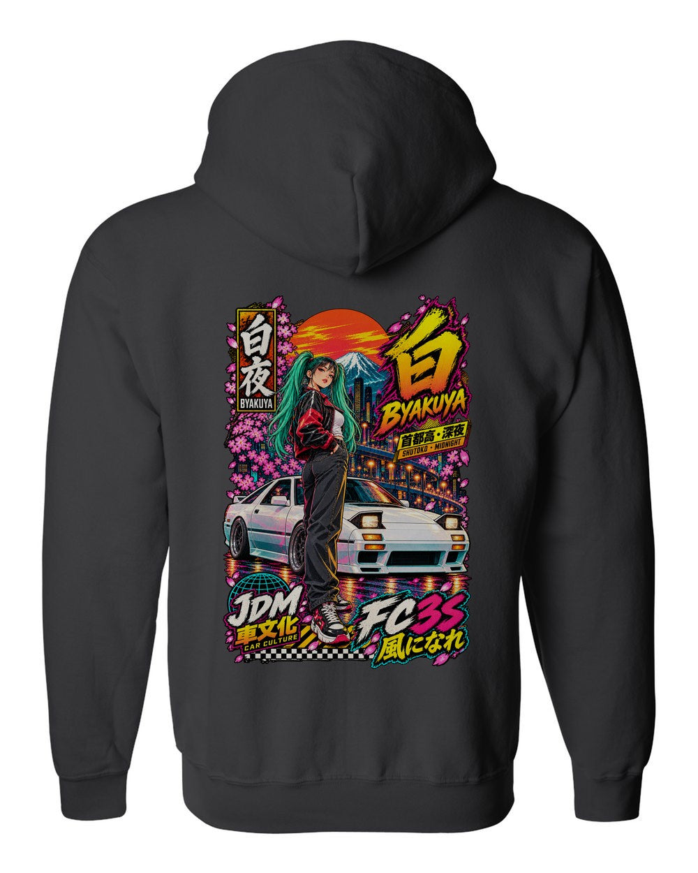 BYAKUYA FC3S full-back artwork black zip hoodie back view with the design