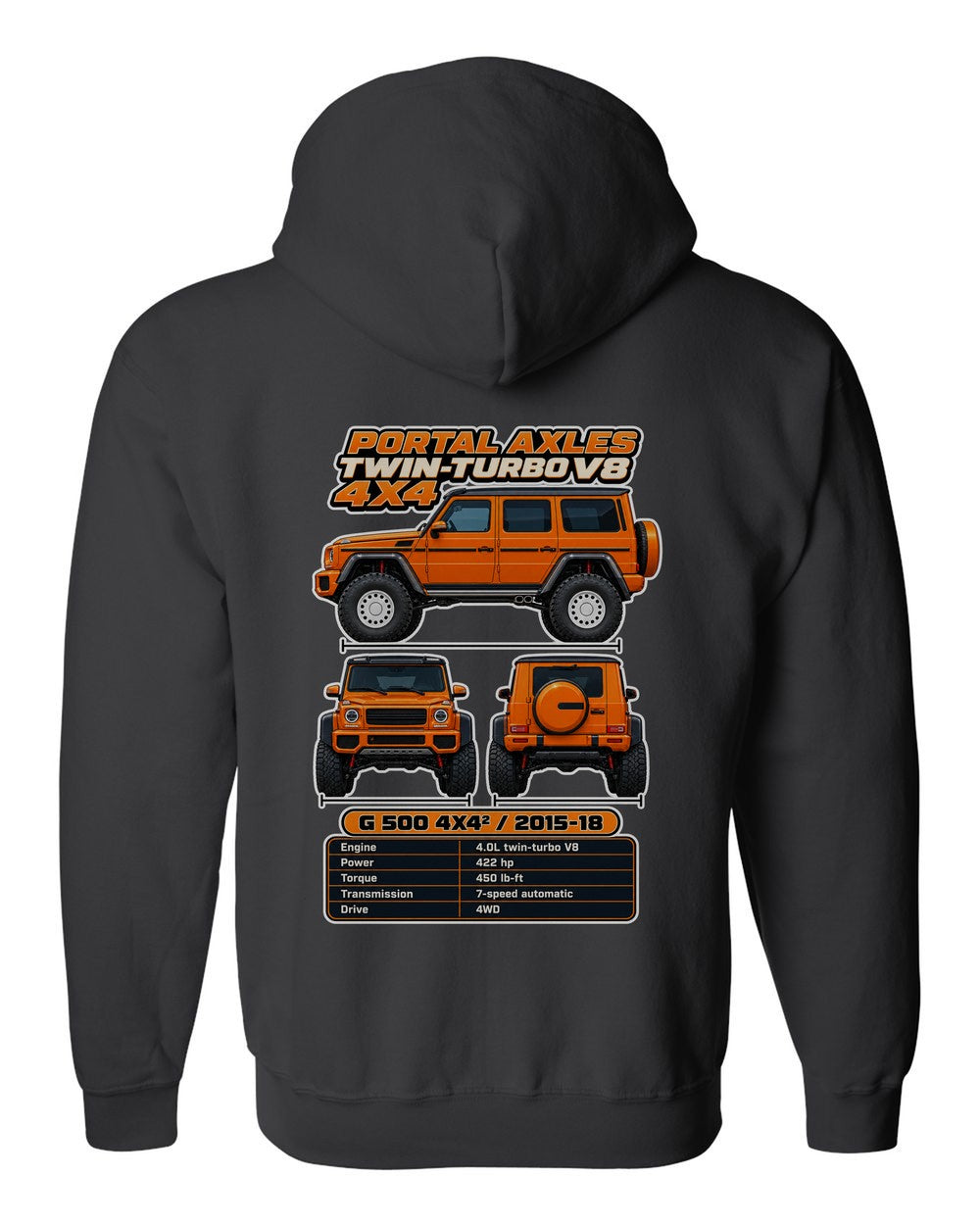 Mercedes G500 4X4 Squared spec sheet black zip hoodie back view with the design
